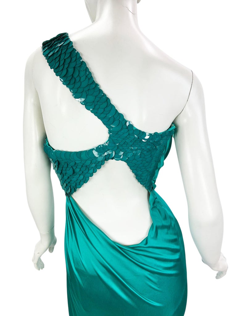 Versace F/W 2009 Teal Jersey Stretch Gown Fish Scale Sequin Detailing 42 -  US 8 For Sale at 1stDibs