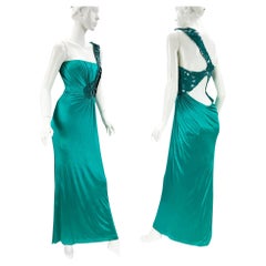 Versace F/W 2009 Bata elástica de jersey verde azulado con detalle de lentejuelas en escamas de pez 42 - US 8