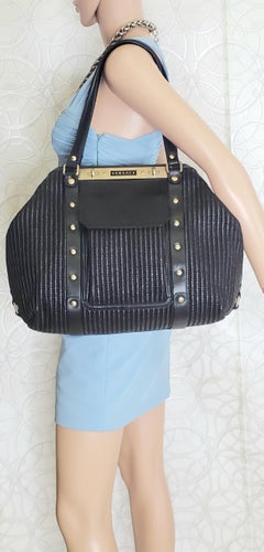 VINTAGE VERSACE WOVEN PRINT BLACK LEATHER BRUSHED GOLD TONE HARDWARE Handbag
