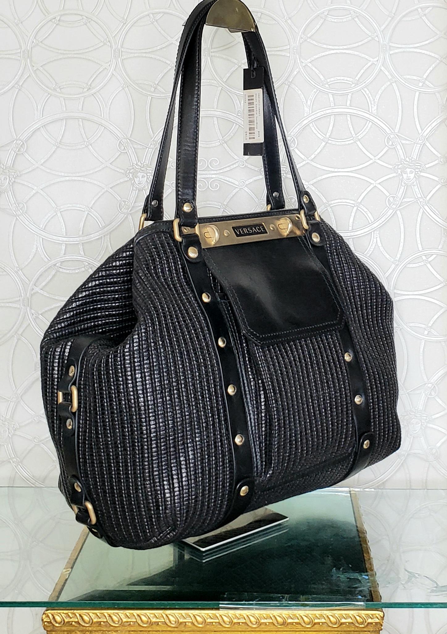 Women's VINTAGE VERSACE WOVEN PRINT BLACK LEATHER BRUSHED GOLD TONE HARDWARE Handbag For Sale