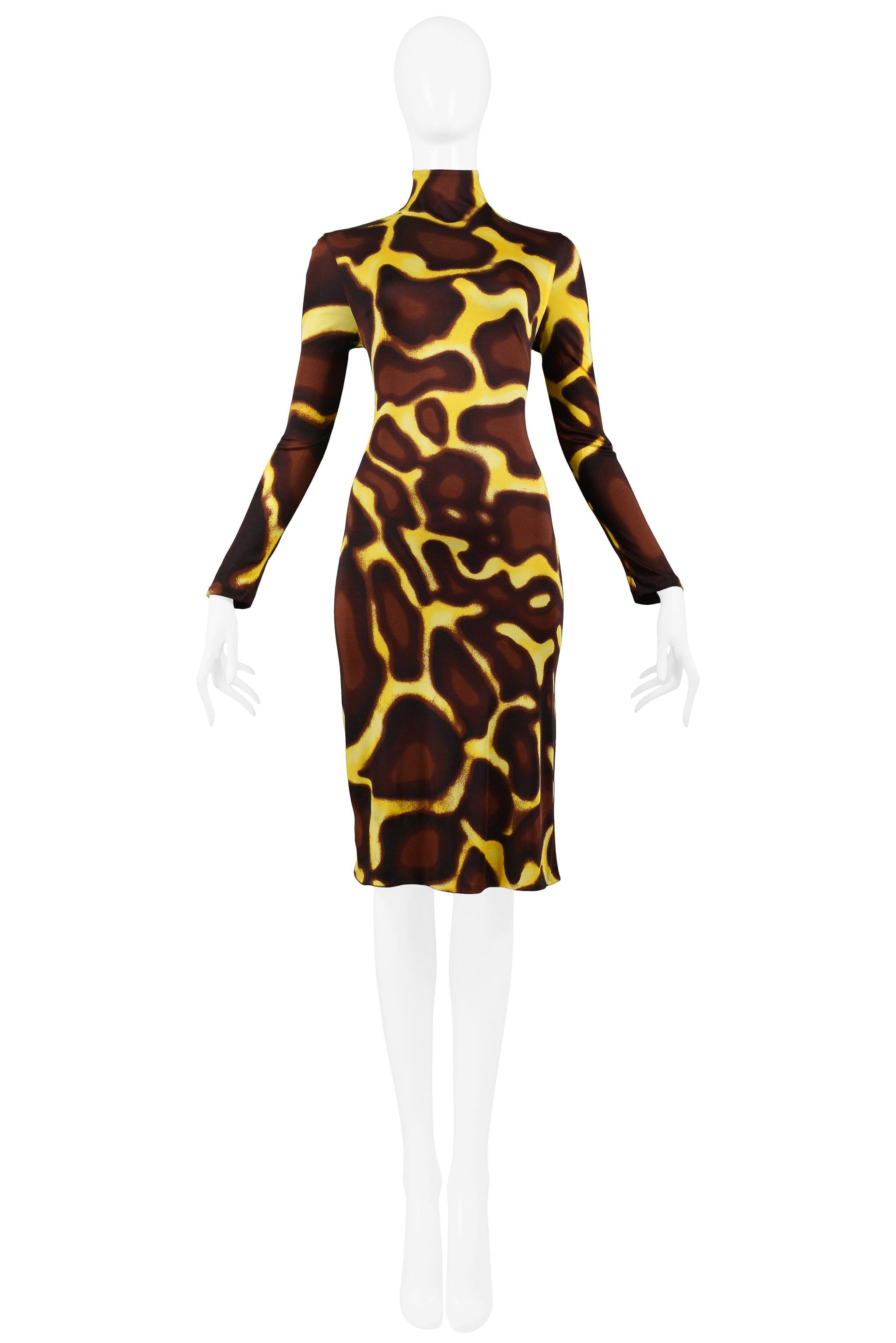 Vintage Versace Gelbes Kleid mit Pelzkragen und Giraffendruck (Schwarz) im Angebot