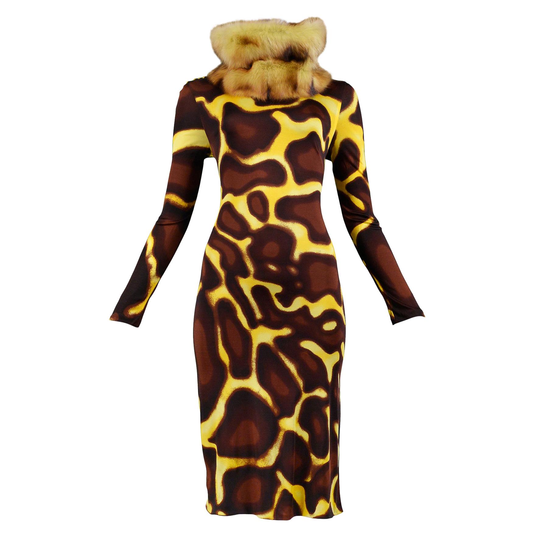 Vintage Versace Yellow Giraffe Print Dress with Fur Collar For Sale