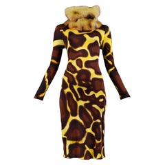 Retro Versace Yellow Giraffe Print Dress with Fur Collar