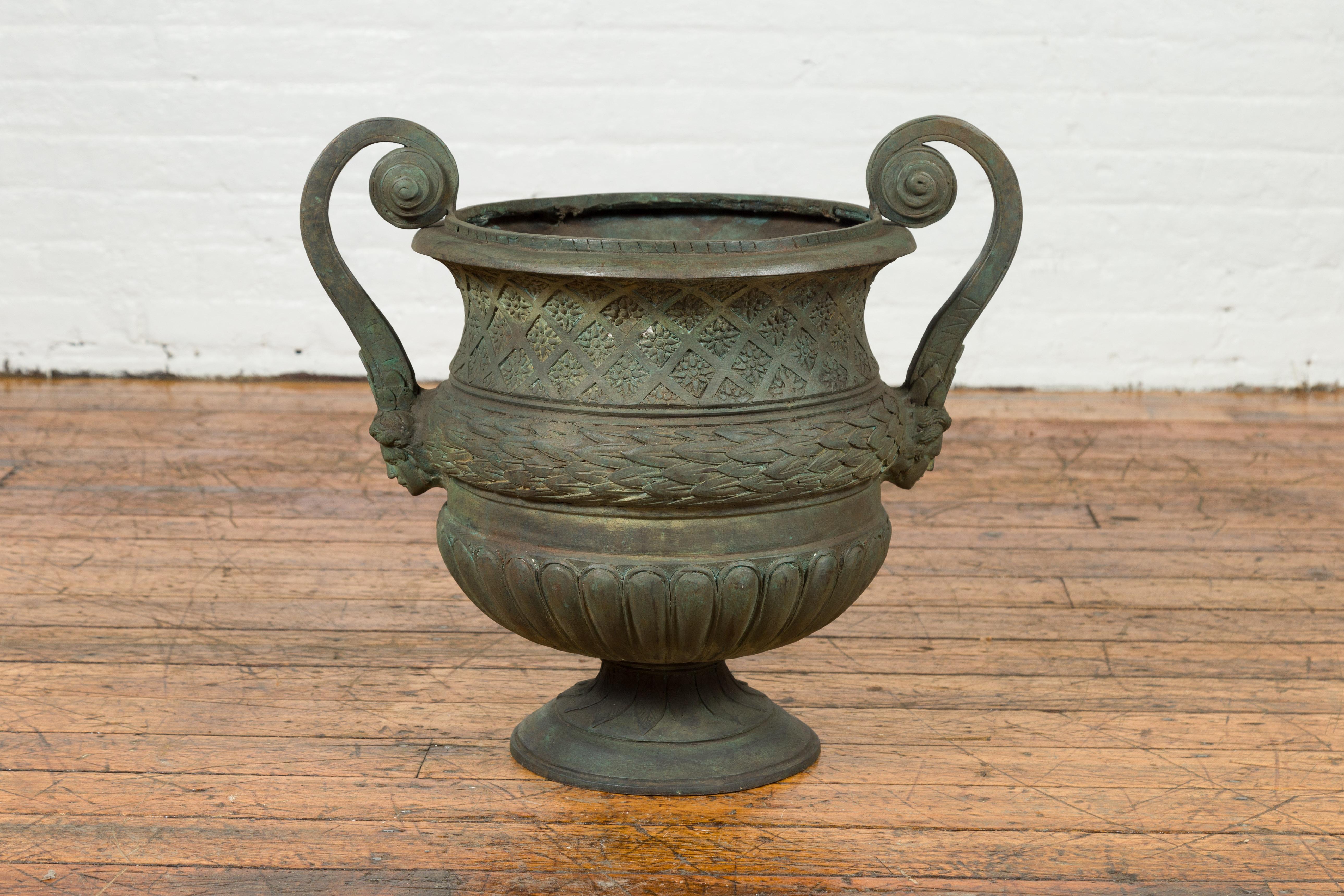 Vintage Versailles Style Verde Bronze Urn Planter with Large Scrolling Handles 7