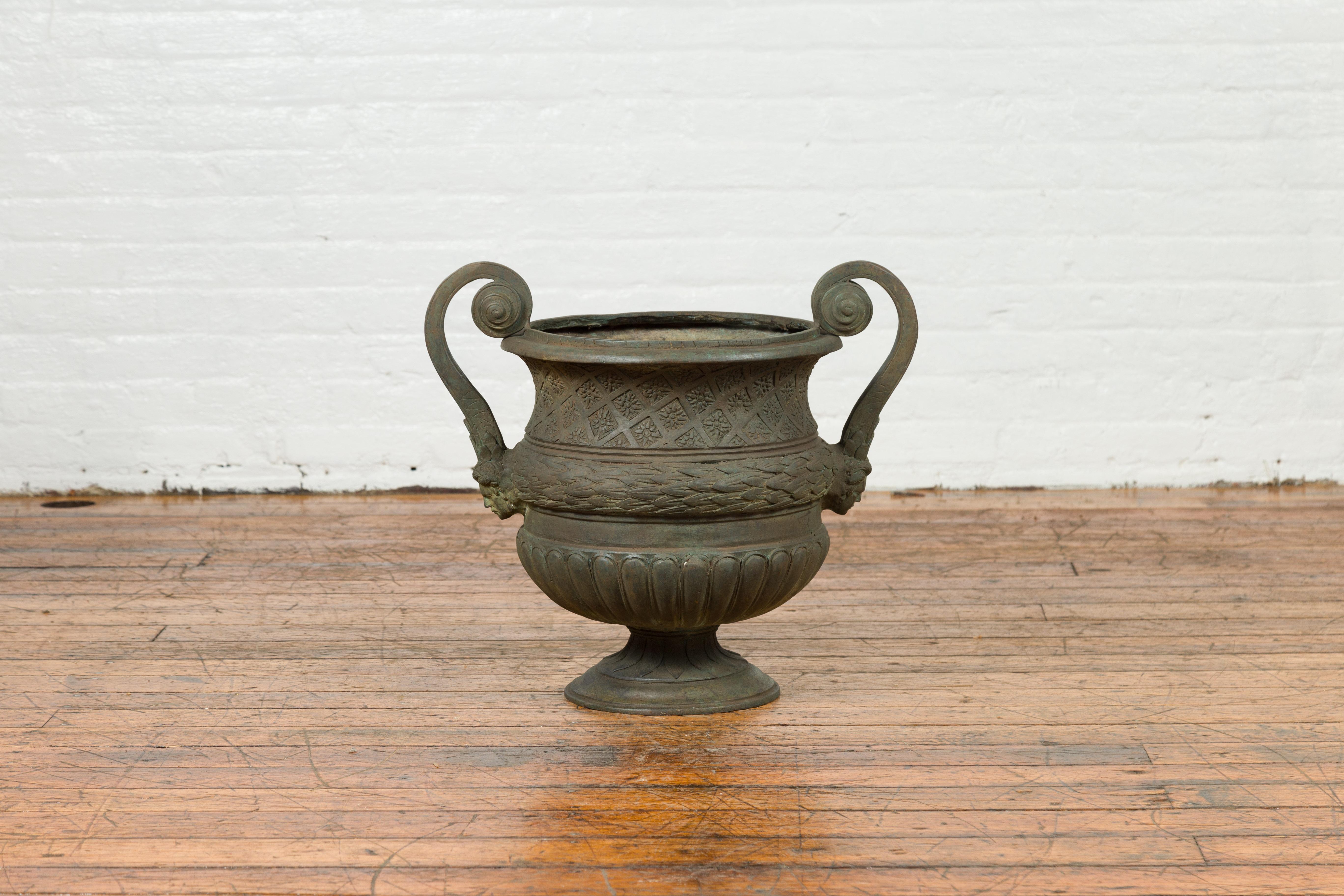 Cast Vintage Versailles Style Verde Bronze Urn Planter with Large Scrolling Handles