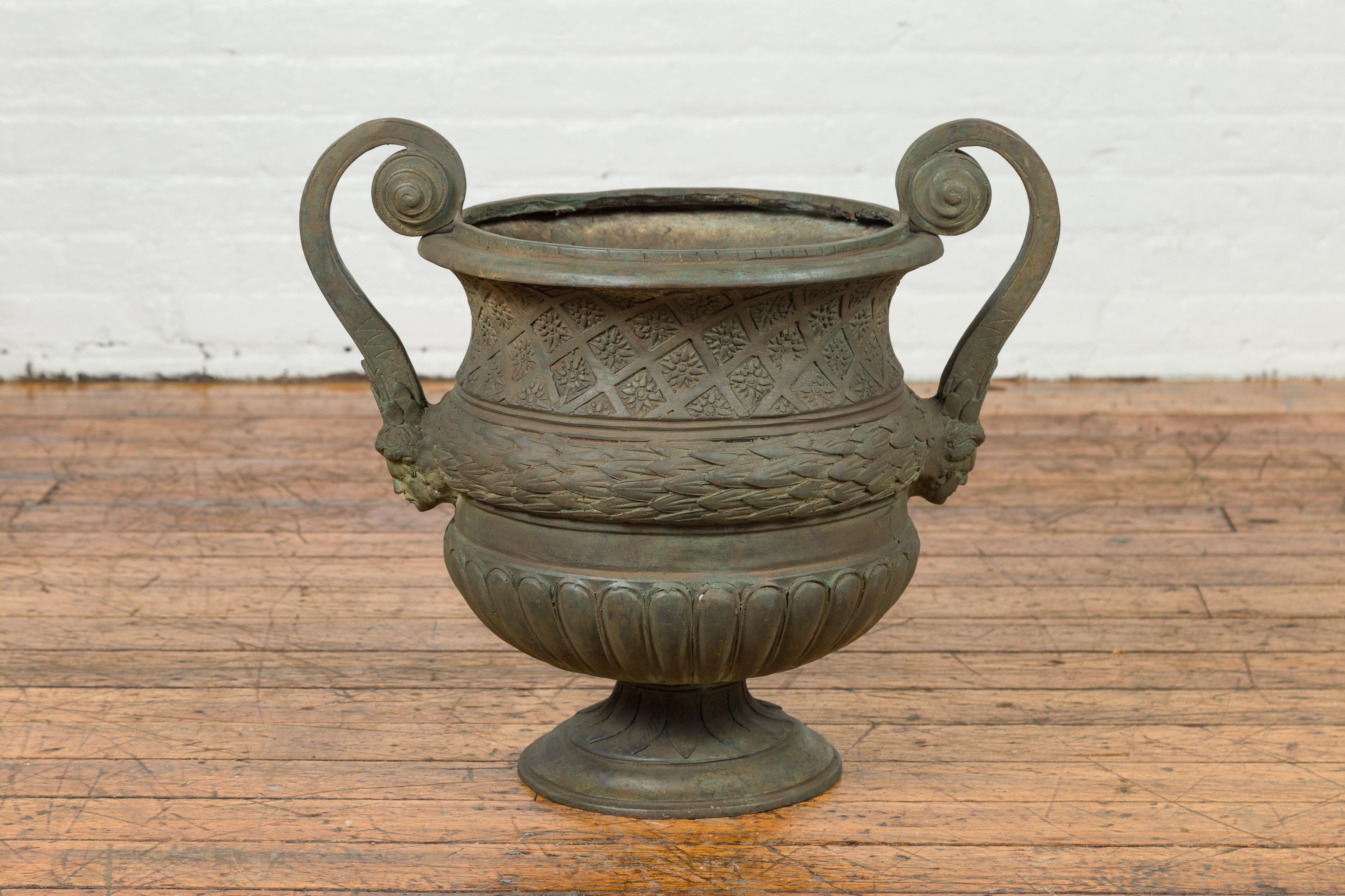 Vintage Versailles Style Verde Bronze Urn Planter with Large Scrolling Handles In Good Condition In Yonkers, NY