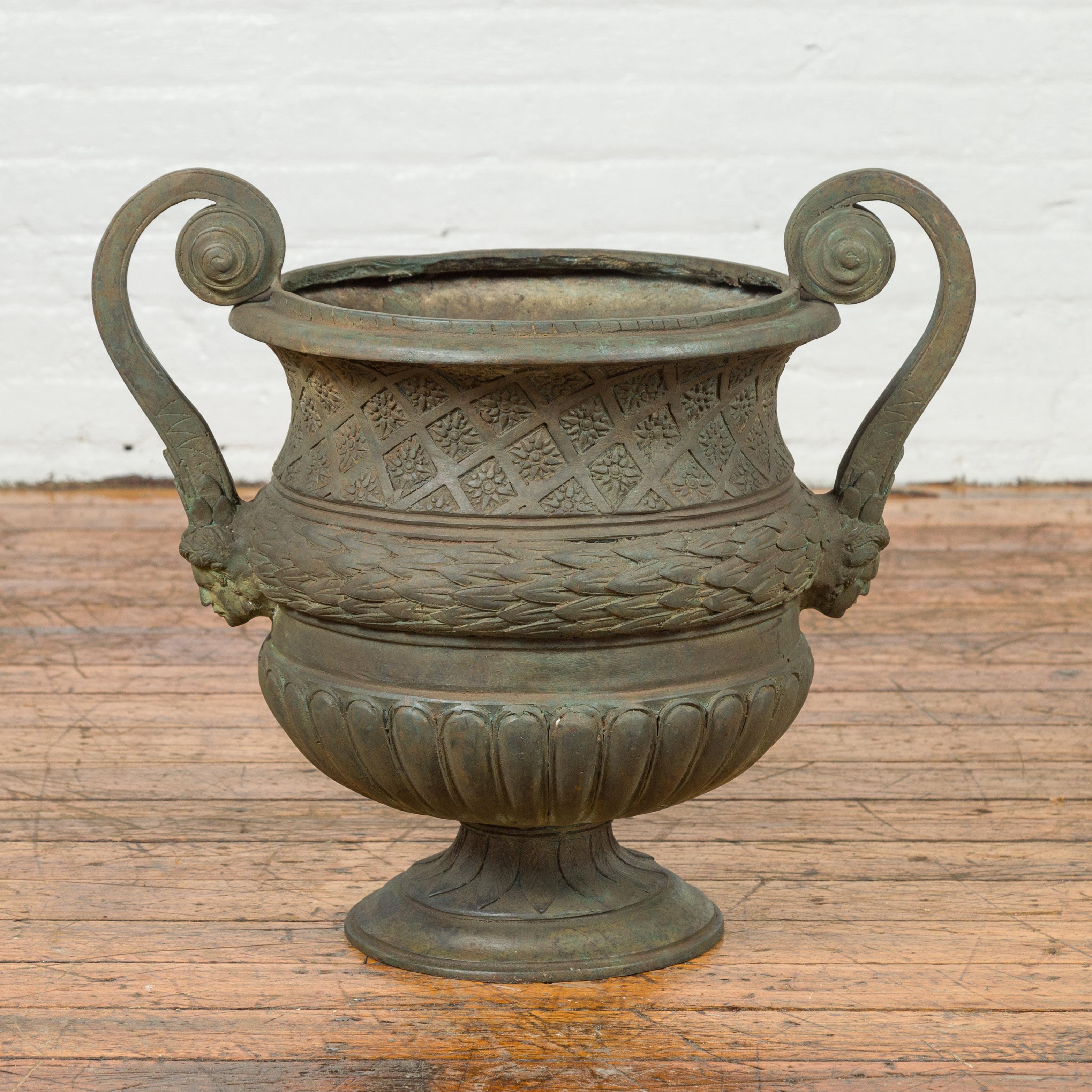 20th Century Vintage Versailles Style Verde Bronze Urn Planter with Large Scrolling Handles