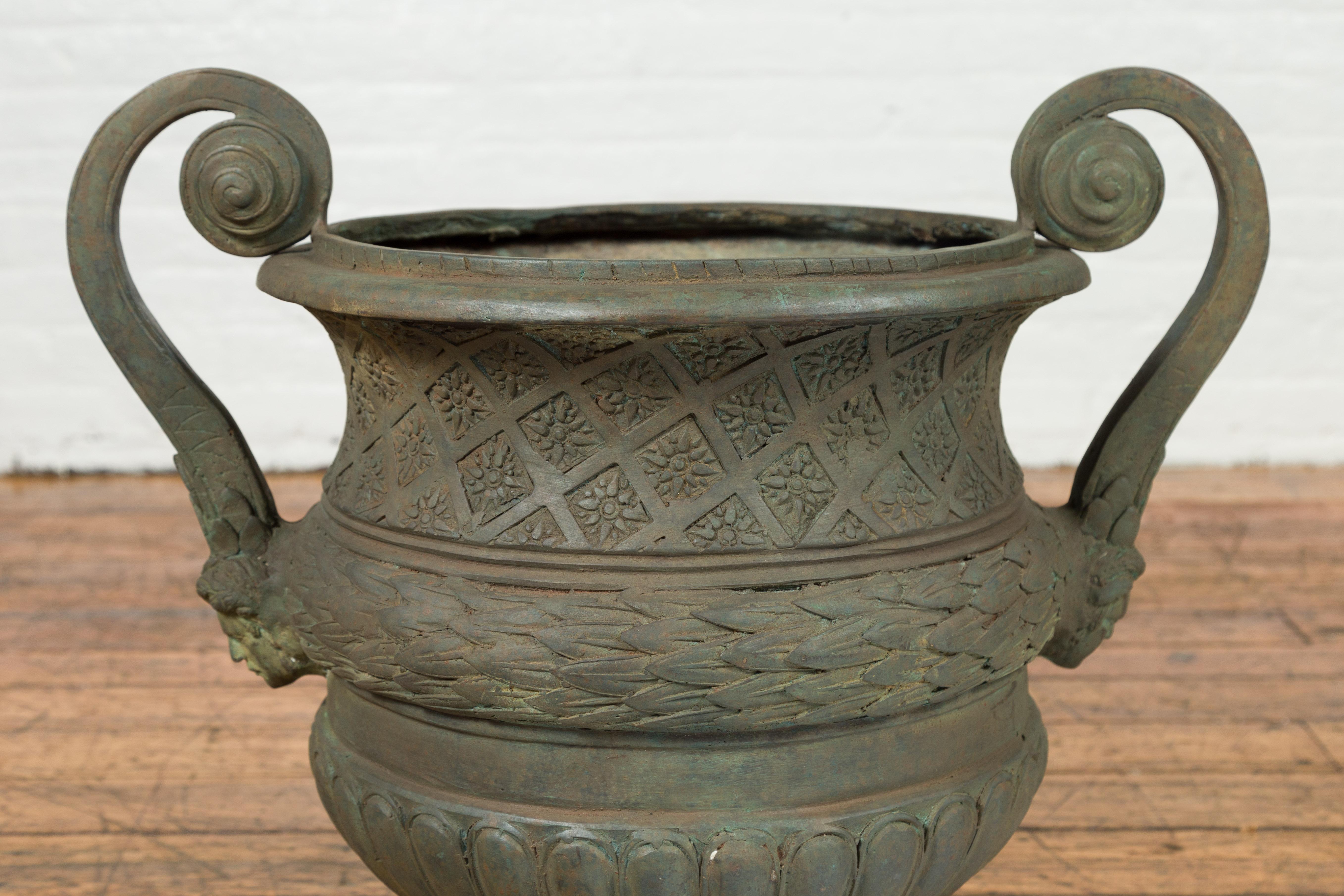 Vintage Versailles Style Verde Bronze Urn Planter with Large Scrolling Handles 1