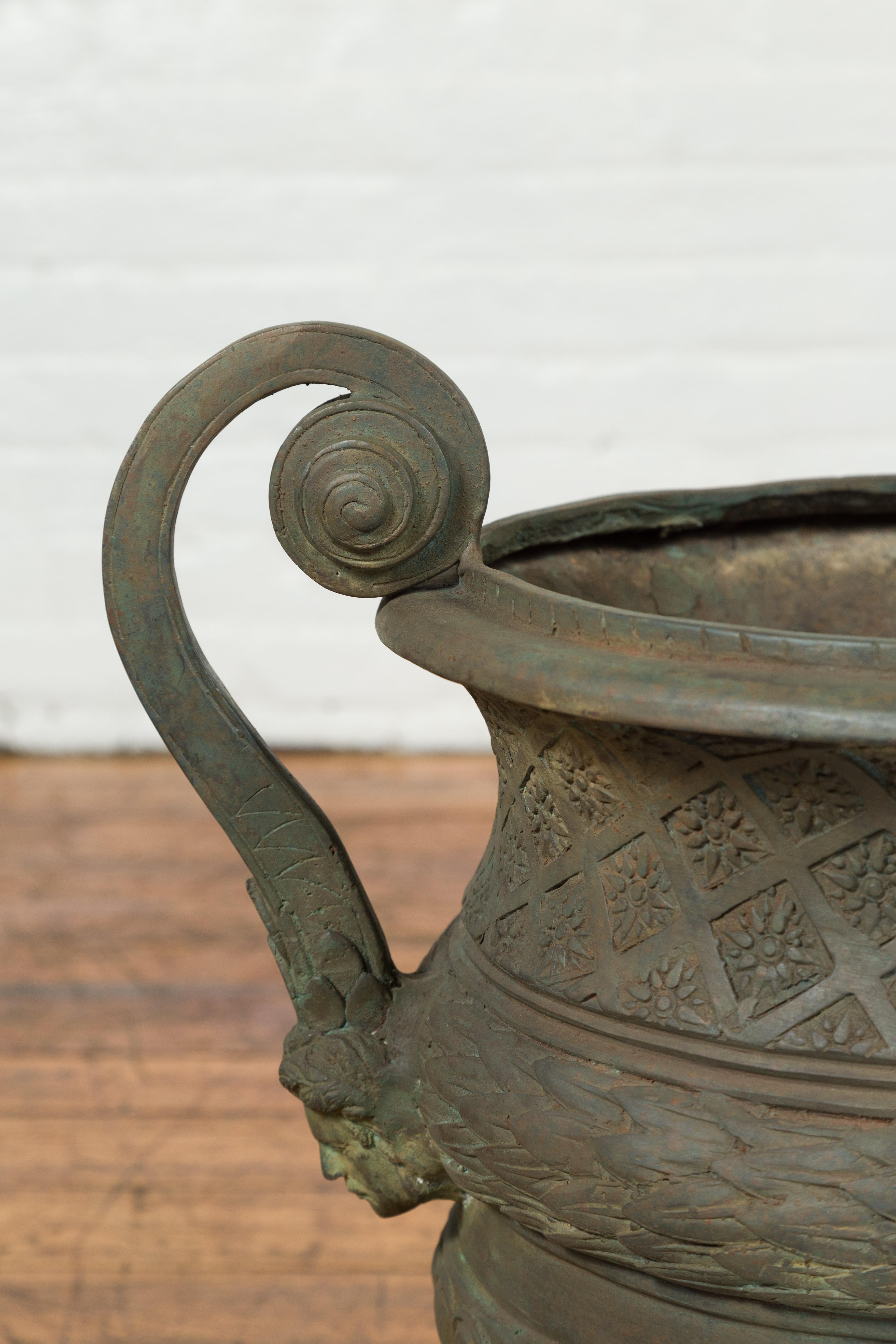 Vintage Versailles Style Verde Bronze Urn Planter with Large Scrolling Handles 2