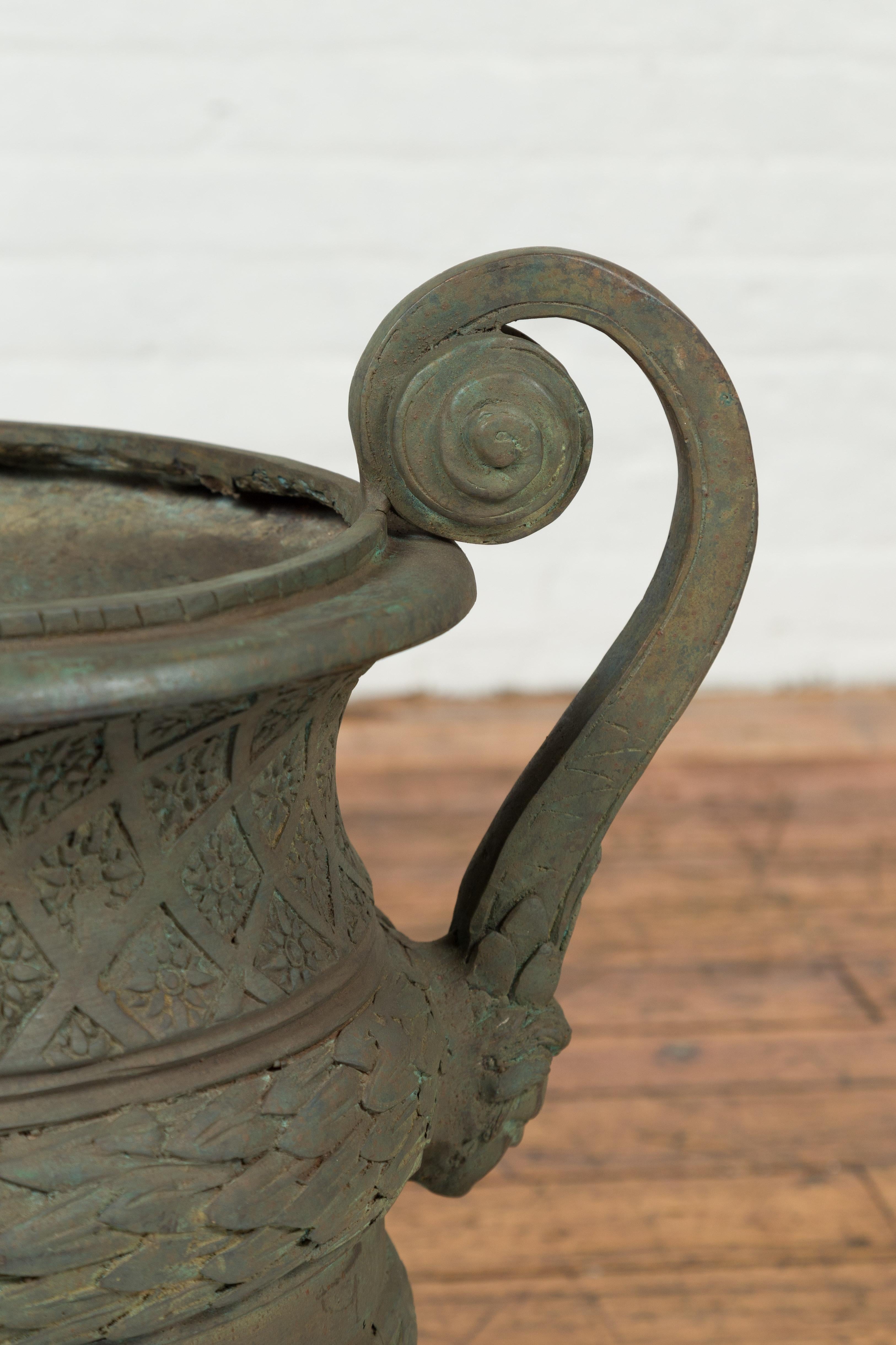Vintage Versailles Style Verde Bronze Urn Planter with Large Scrolling Handles 3