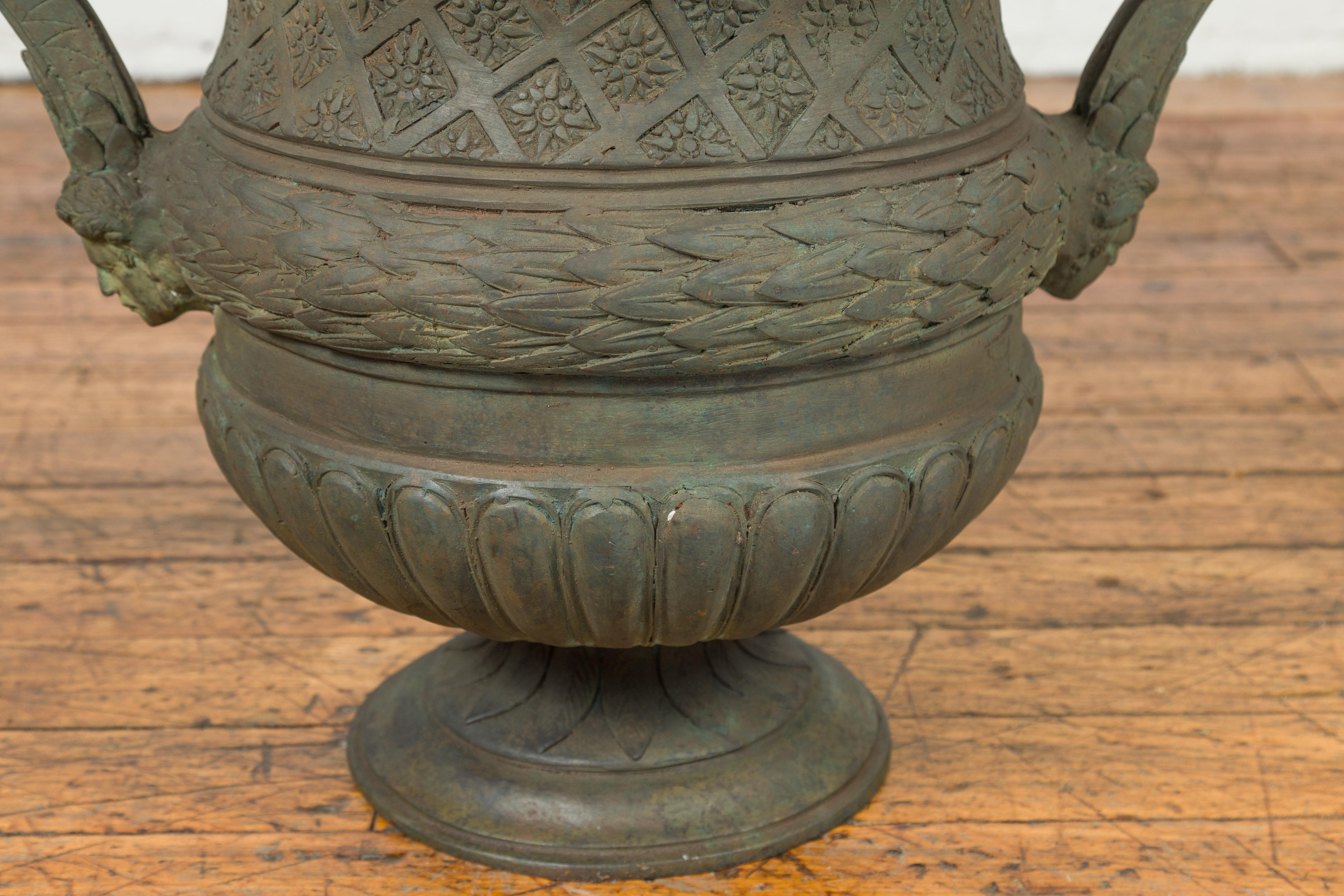 Vintage Versailles Style Verde Bronze Urn Planter with Large Scrolling Handles 4