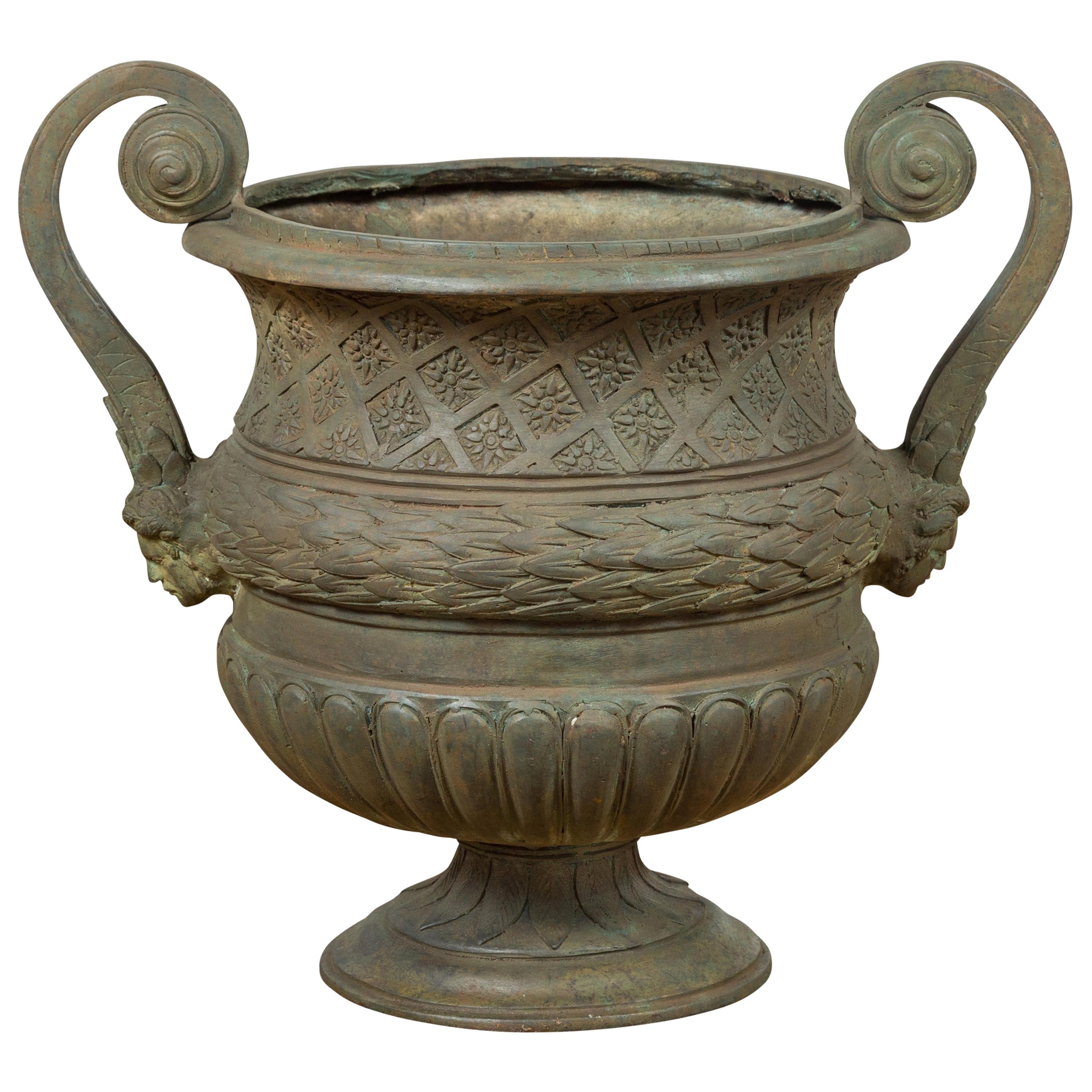 Vintage Versailles Style Verde Bronze Urn Planter with Large Scrolling Handles