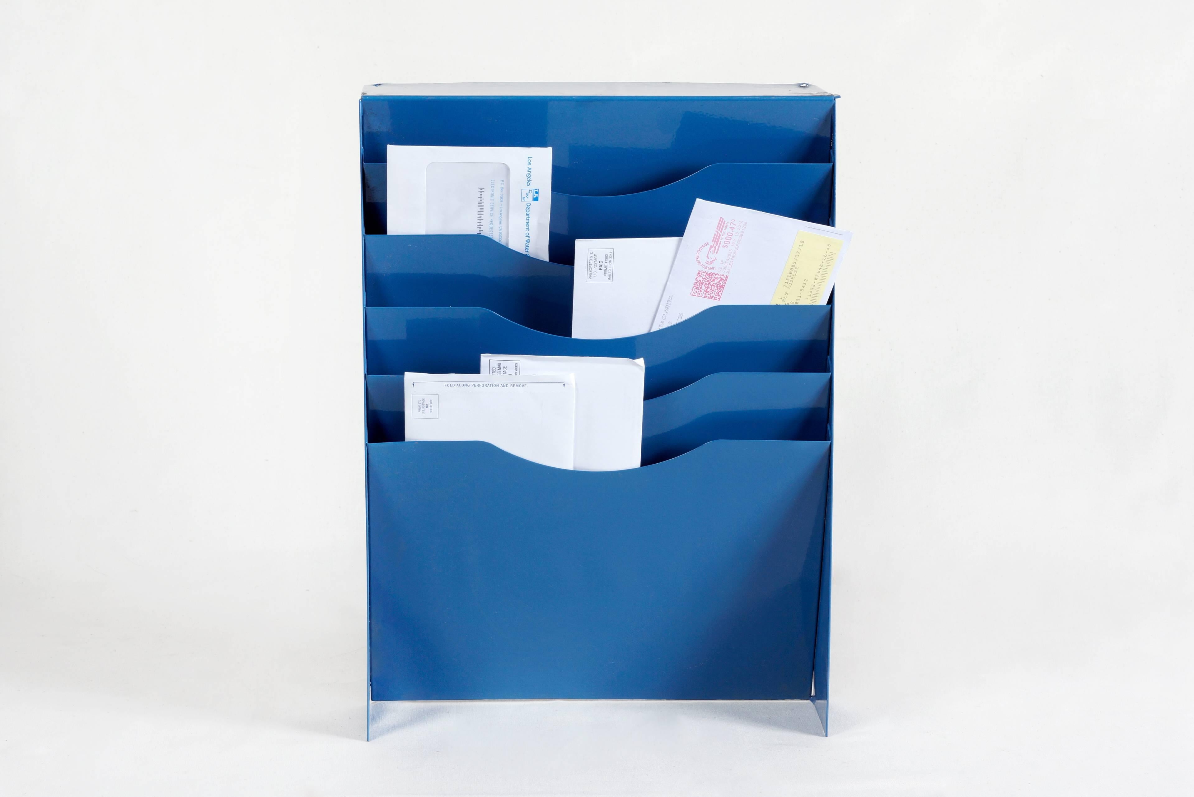 Mid-Century Modern Vintage Vertical File Holder / Magazine Rack Refinished in Blue
