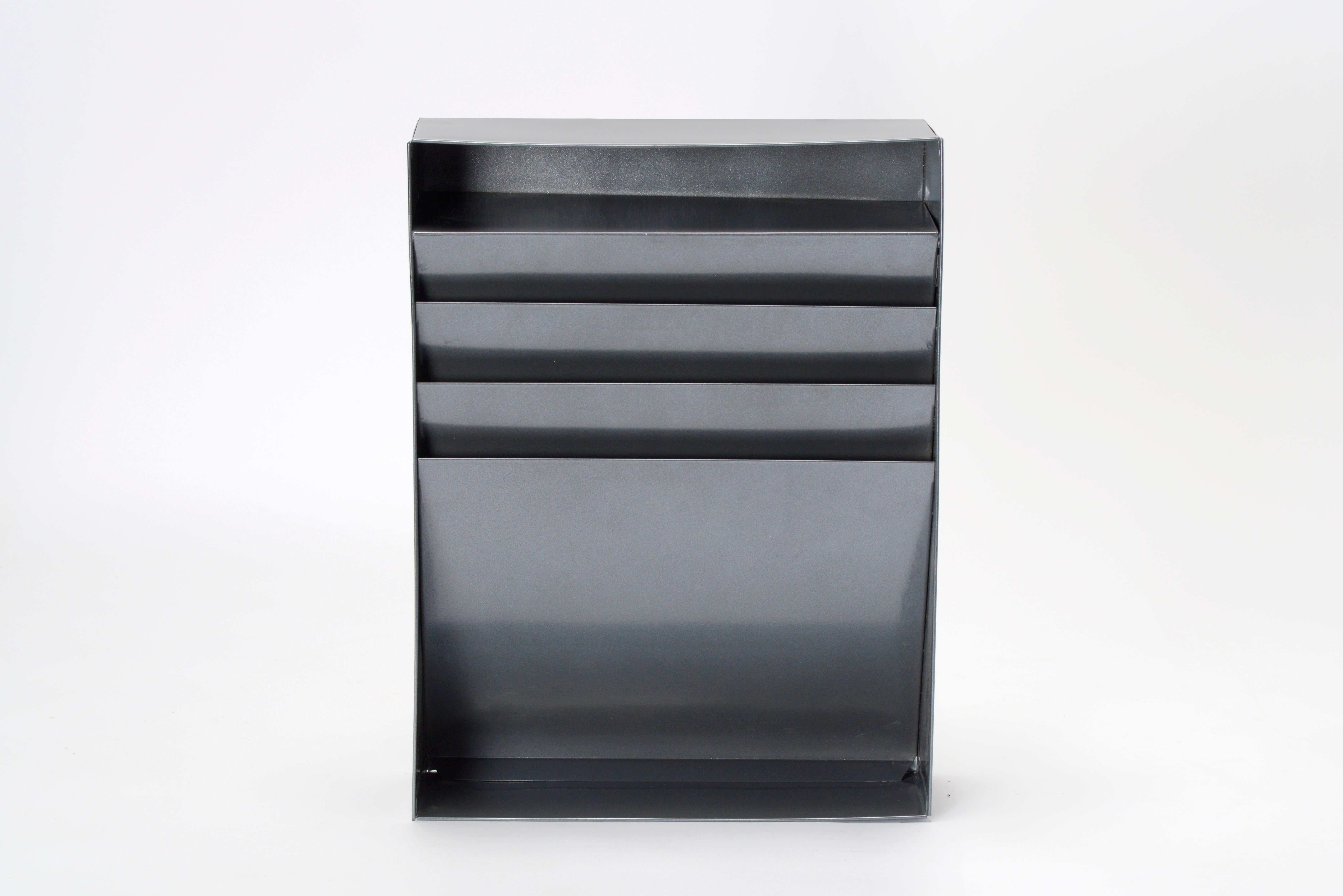 Vintage file holder or magazine rack refinished in metallic grey powder coat. Once the drawer insert to a tanker desk, we repurposed it for versatile use. This functional, retro style piece is perfect for getting your home or office organized.