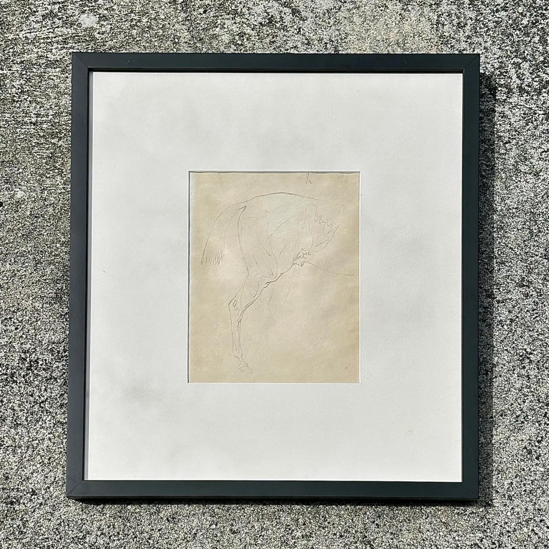 A fantastic vintage sketch of a horses hind legs on paper with pencil. The sketch comes framed and protected with glass. Acquired at a Palm Beach estate.
