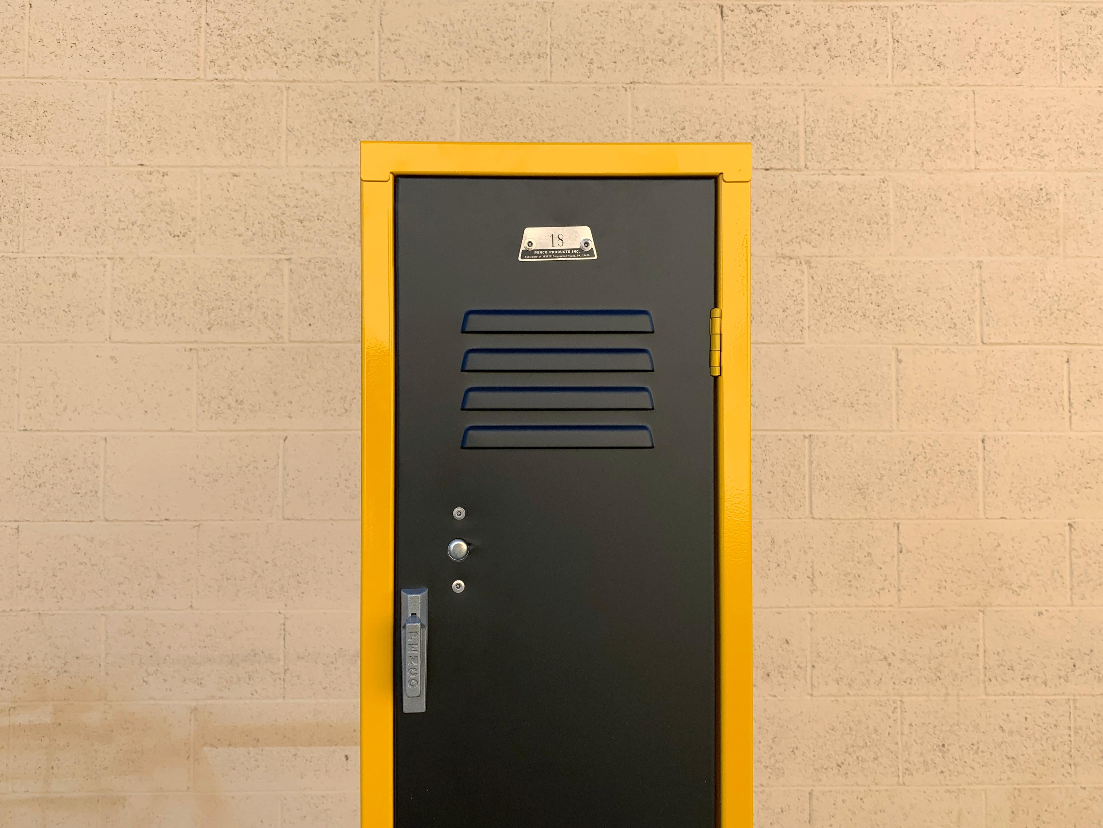 American Vintage Vertical Locker Cabinet, Refinished in Matte Black and Yellow Ochre