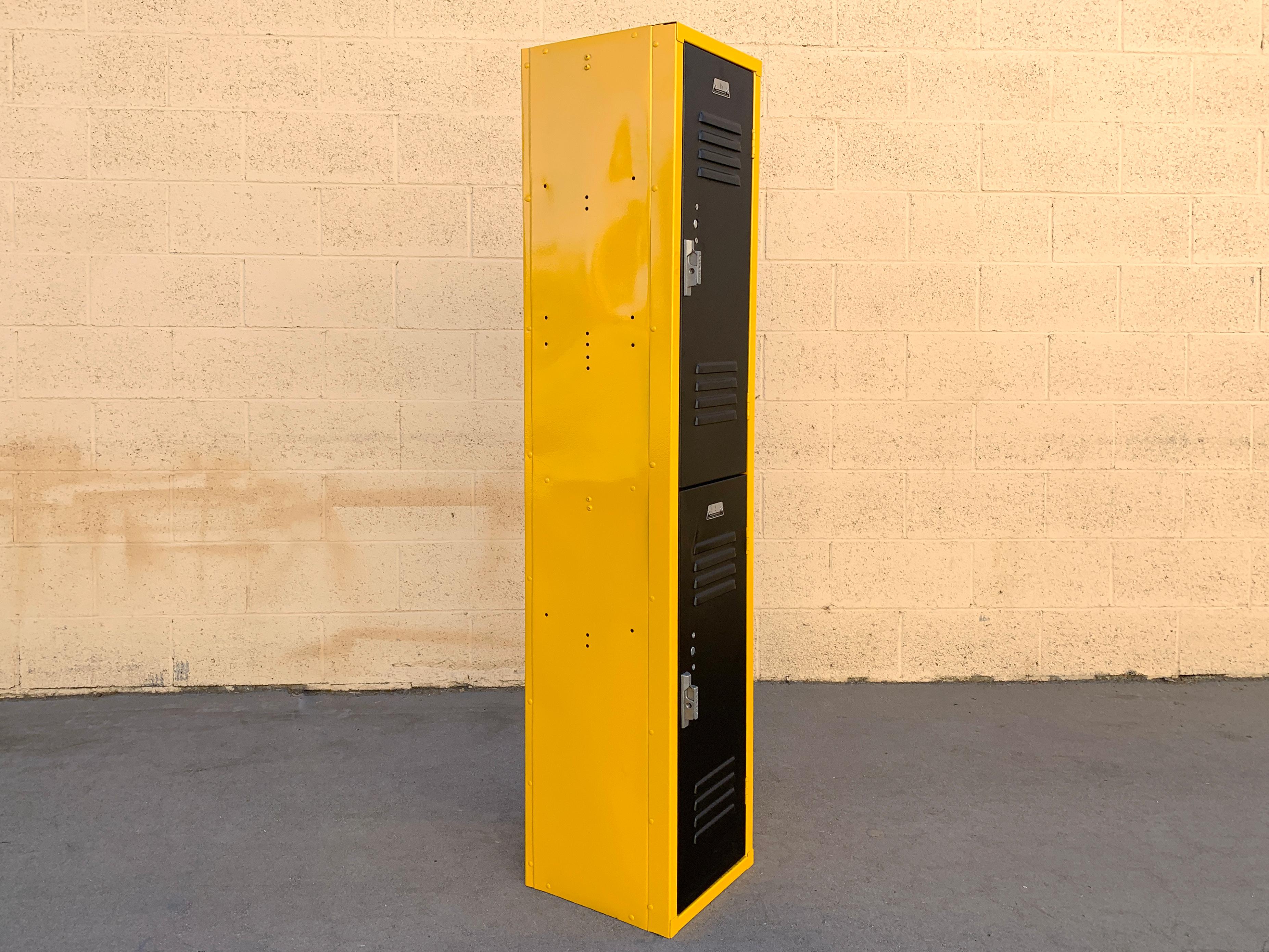 Powder-Coated Vintage Vertical Locker Cabinet, Refinished in Matte Black and Yellow Ochre