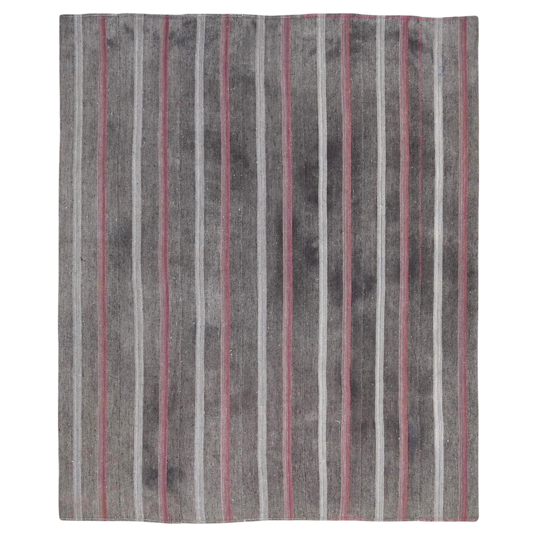 Vintage Vertical Striped in Charcoal, Gray, and Pink Wool Kilim 9'11''x11'11''