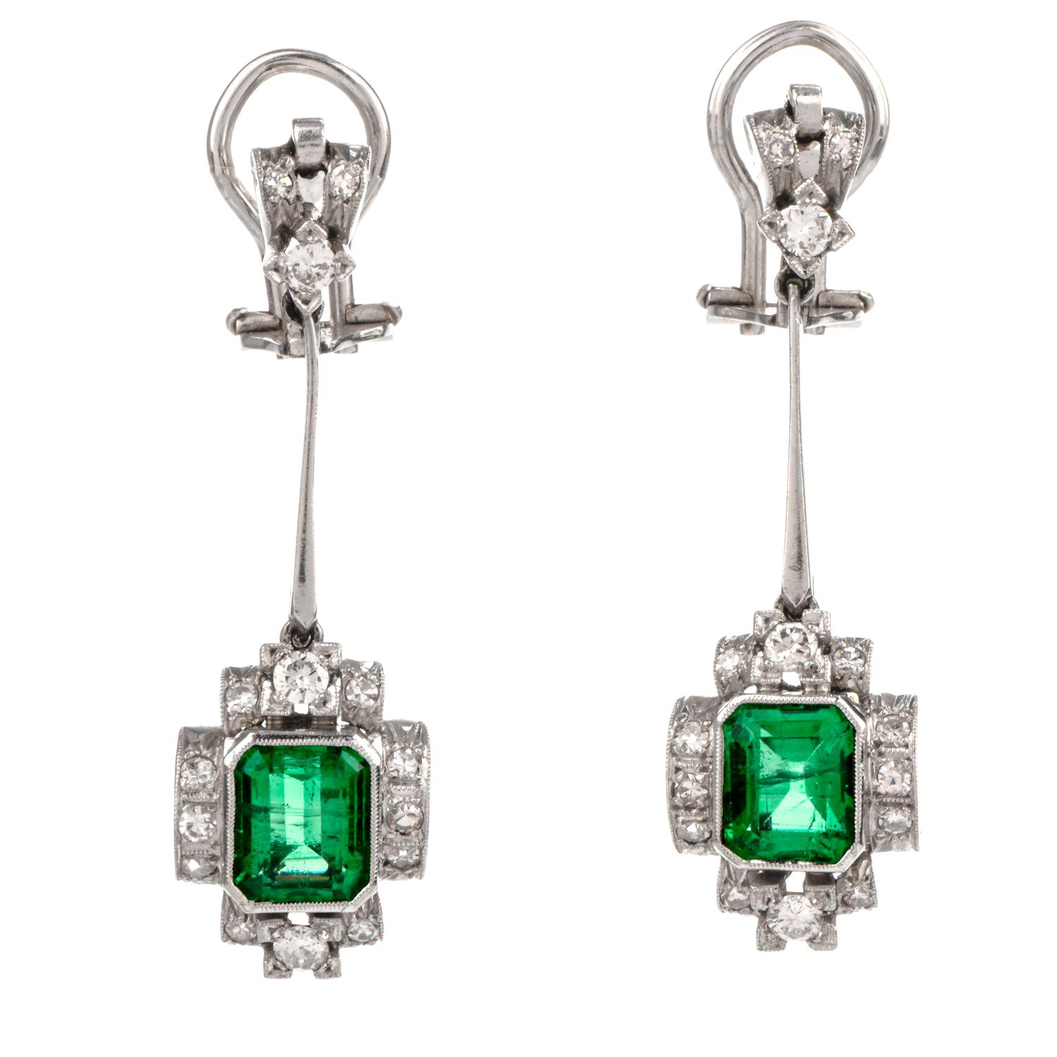 Vintage GIA Emerald Diamond 18 Karat Gold Dangle Drop Earrings