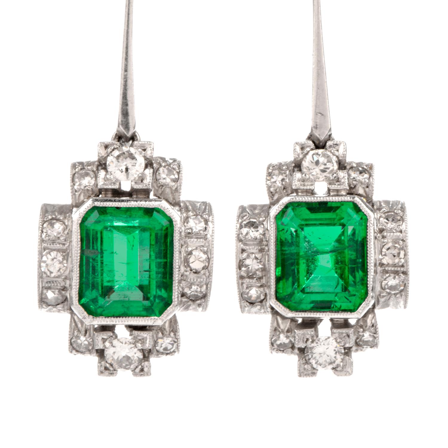 Women's Vintage GIA Emerald Diamond 18 Karat Gold Dangle Drop Earrings