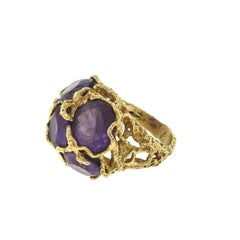Vintage Very Large Five Stone Amethyst Cluster Cocktail Yellow Gold Ring