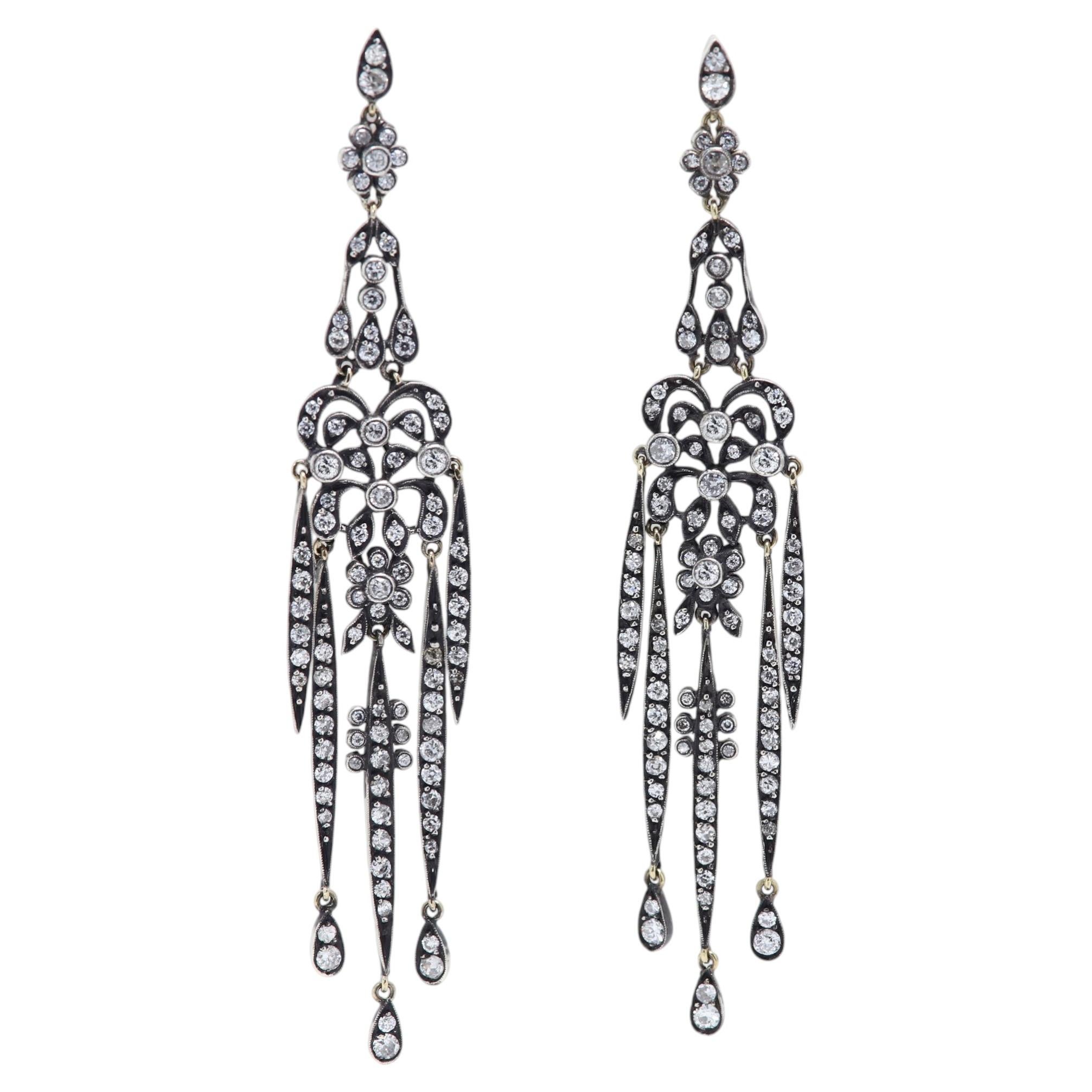 Vintage Long Earrings Diamond Chandelier Dangle Earring Gold and Silver For Sale