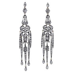 Vintage Very Long Diamond Chandelier Dangle Earrings Gold and Silver