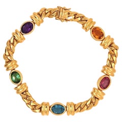 Bracelet à maillons vintage en or jaune 18 carats avec pierres précieuses italiennes Vesco