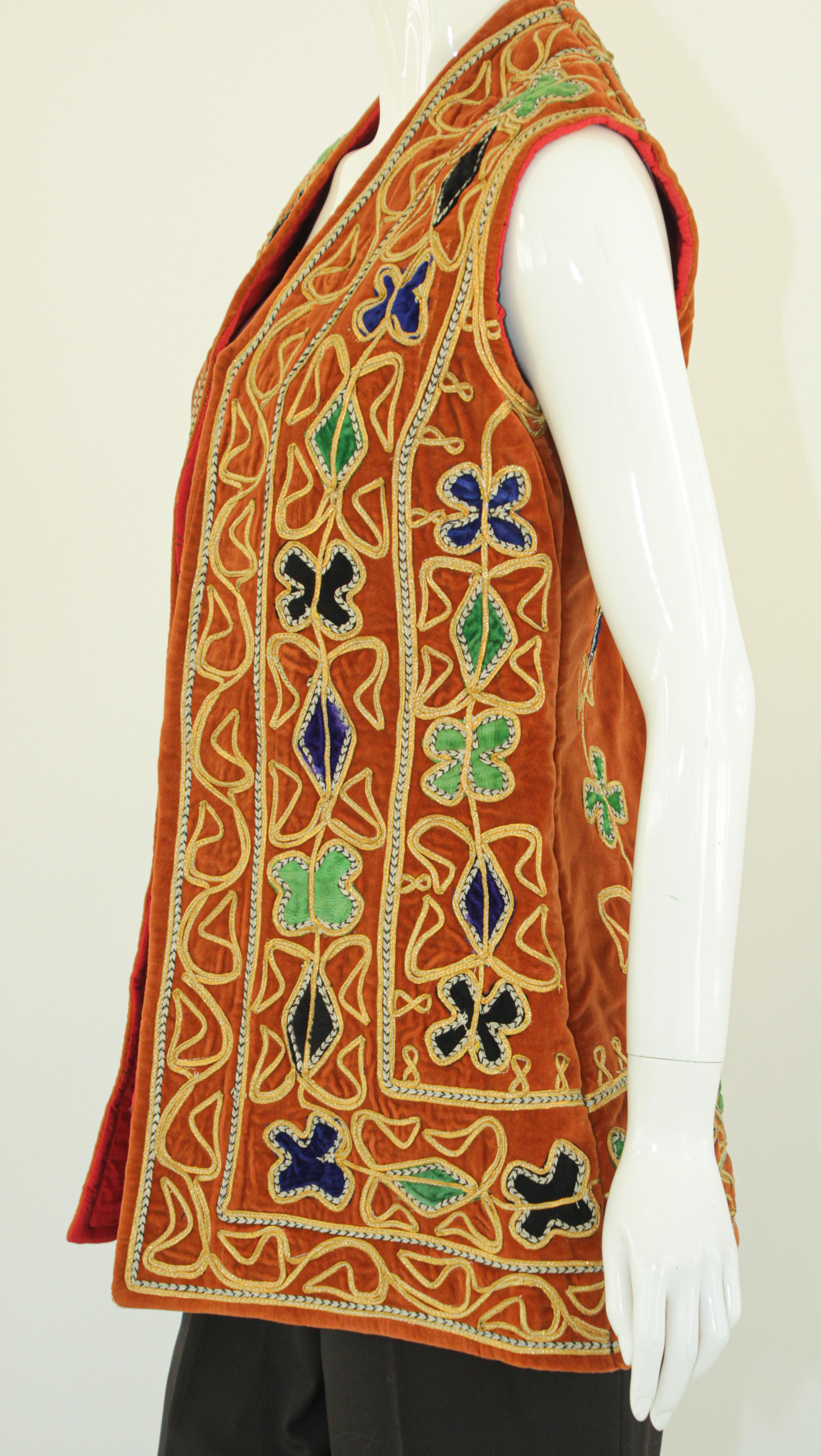Women's or Men's Vintage Vest Velvet Embroidered Asian Ethnic Boho Chic Jacket 1970's For Sale