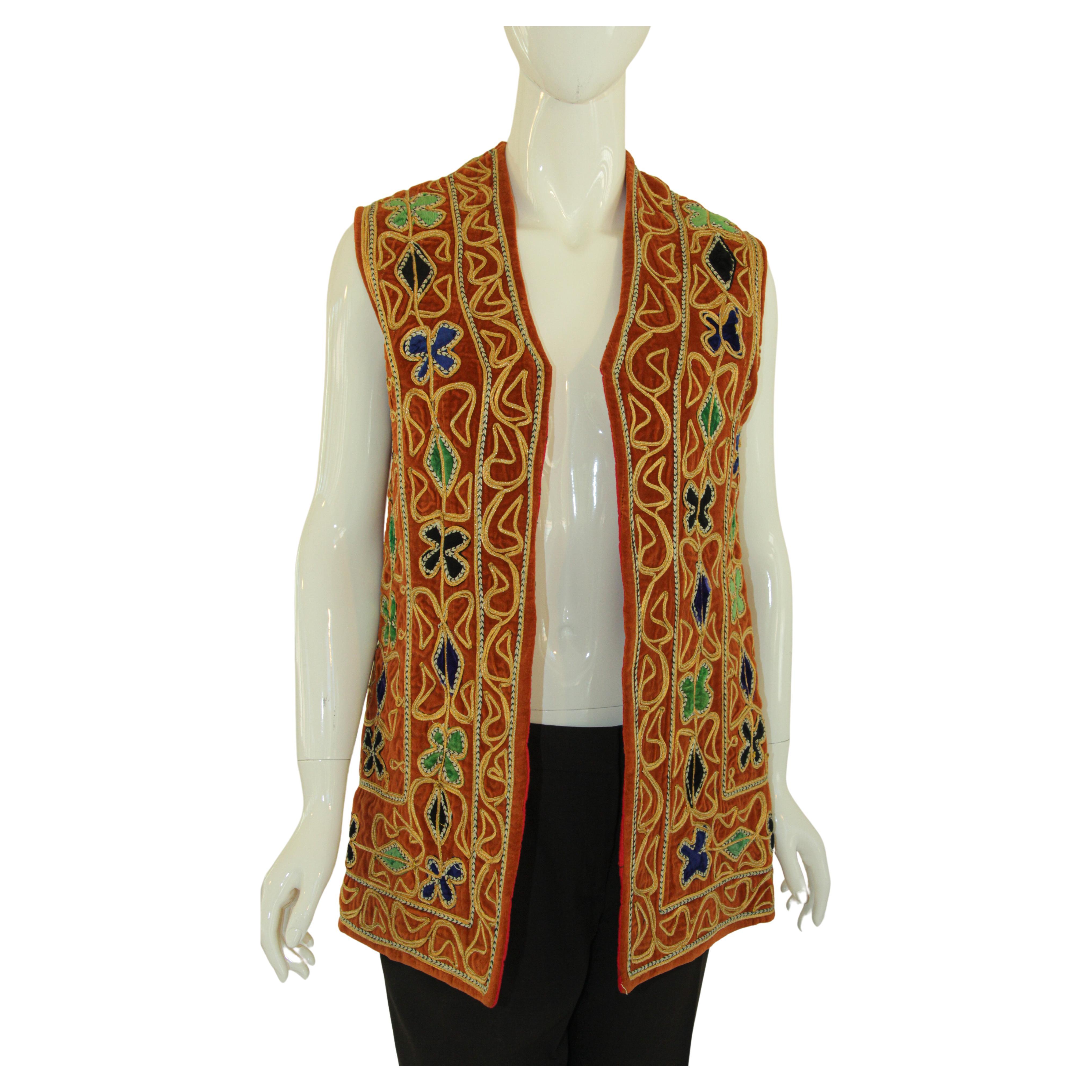 Vintage Vest Velvet Embroidered Asian Ethnic Boho Chic Jacket 1970's For Sale