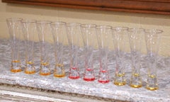 Vintage Veuve Clicquot Champagne Flutes with Colored Glass Bases, Set of 10
