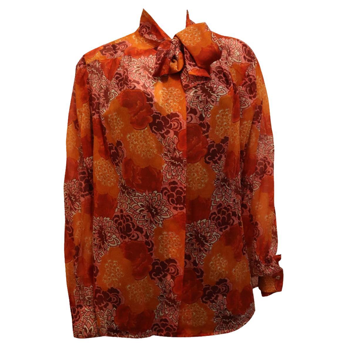 Vintage Vibrant Colour Pussy Bow Blouse For Sale