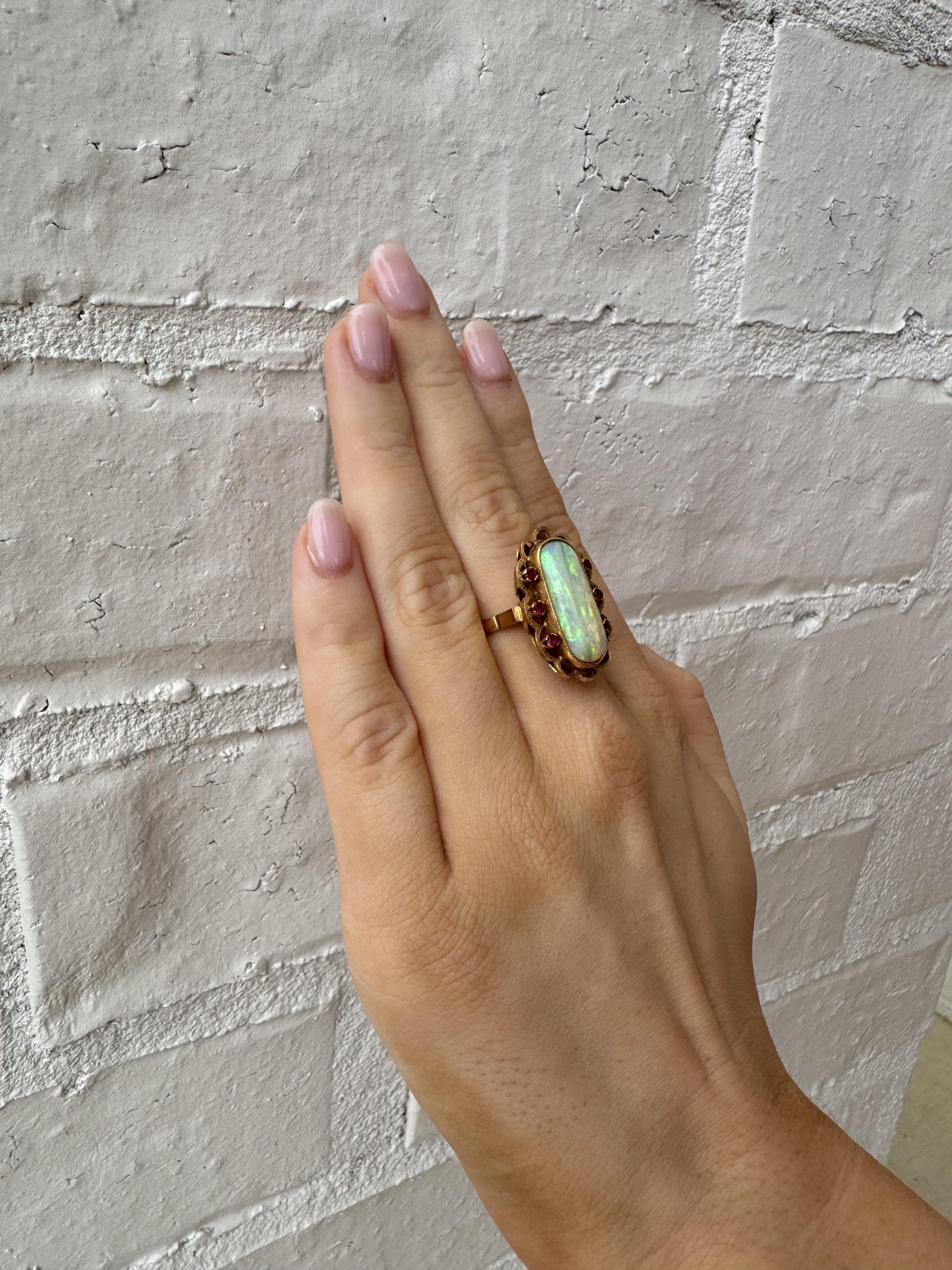 Cabochon Vintage Vibrant Opal & Ruby Cocktail Ring 18K Yellow Gold For Sale