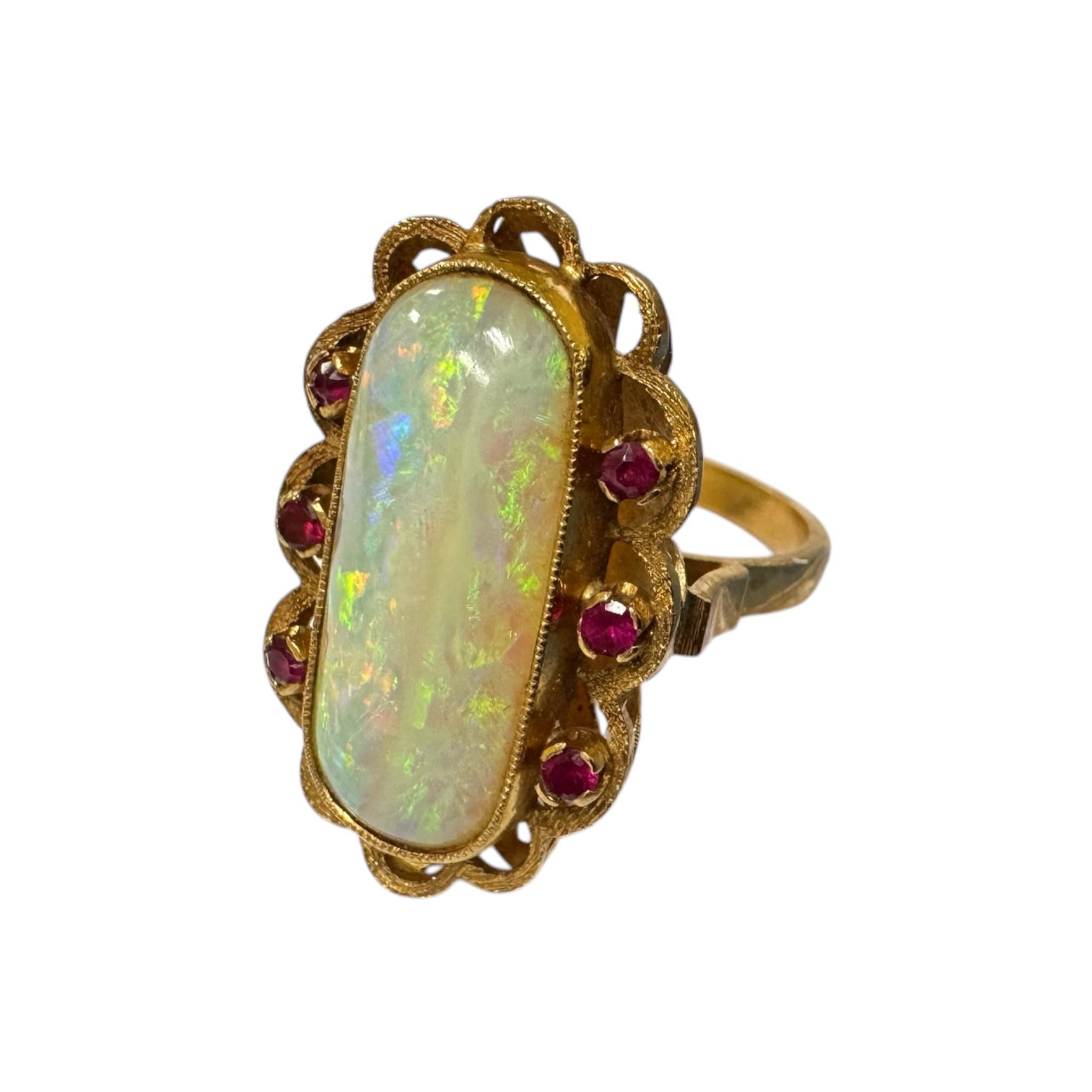 Women's Vintage Vibrant Opal & Ruby Cocktail Ring 18K Yellow Gold For Sale