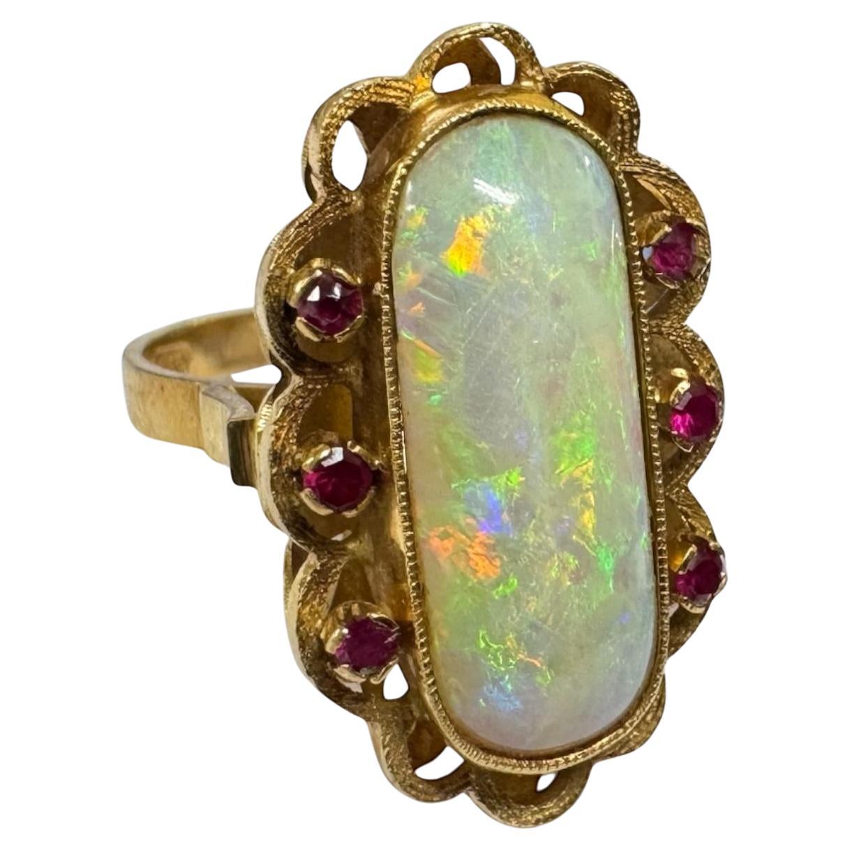 Vintage Vibrant Opal & Ruby Cocktail Ring 18K Yellow Gold