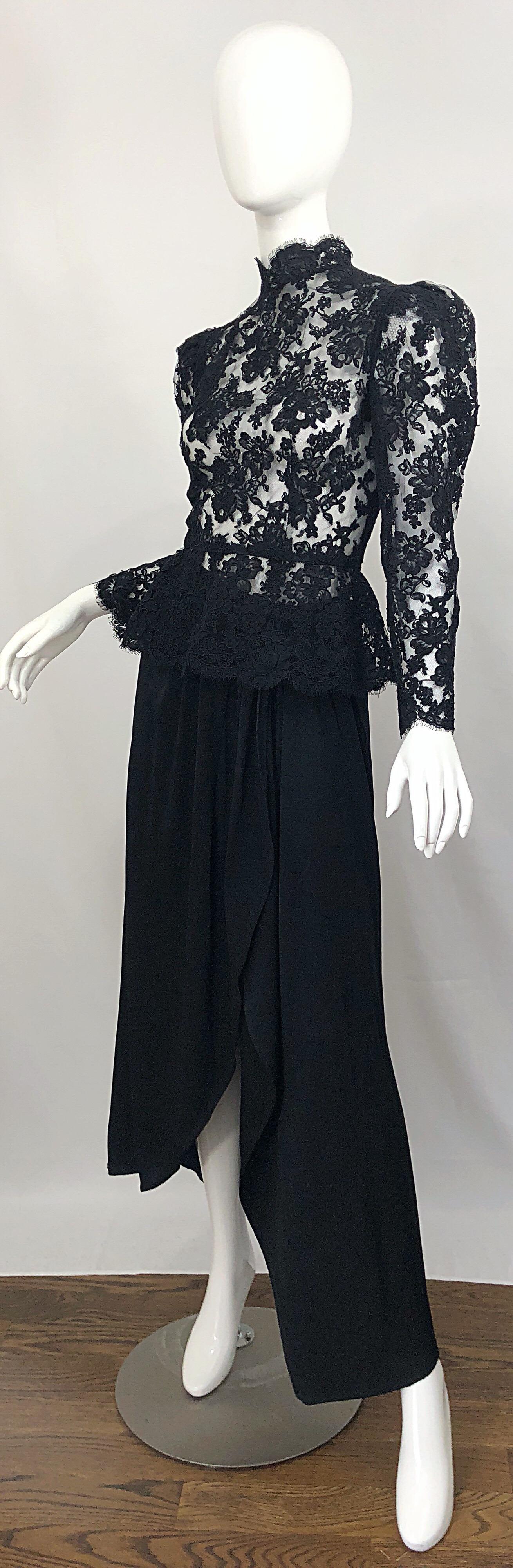 Vintage Vicky Tiel Couture 1980s Black Lace Victorian Top + Asymmetrical Skirt For Sale 5