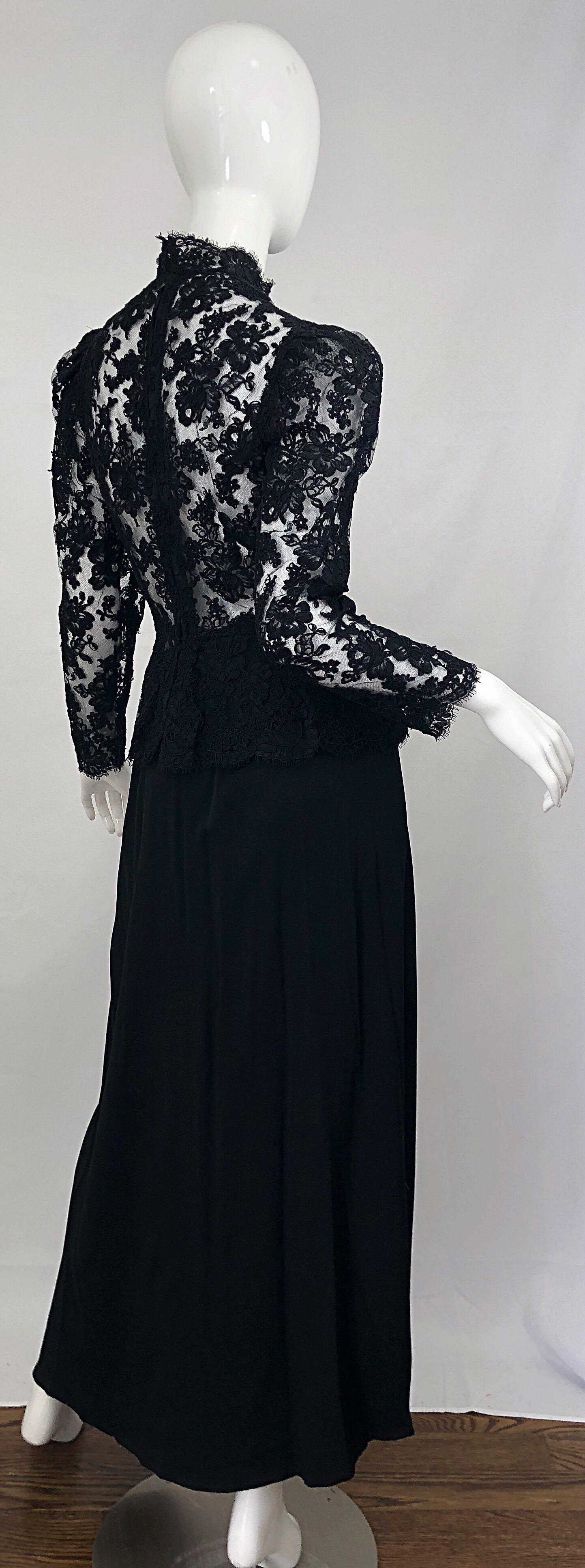 Vintage Vicky Tiel Couture 1980s Black Lace Victorian Top + Asymmetrical Skirt For Sale 6