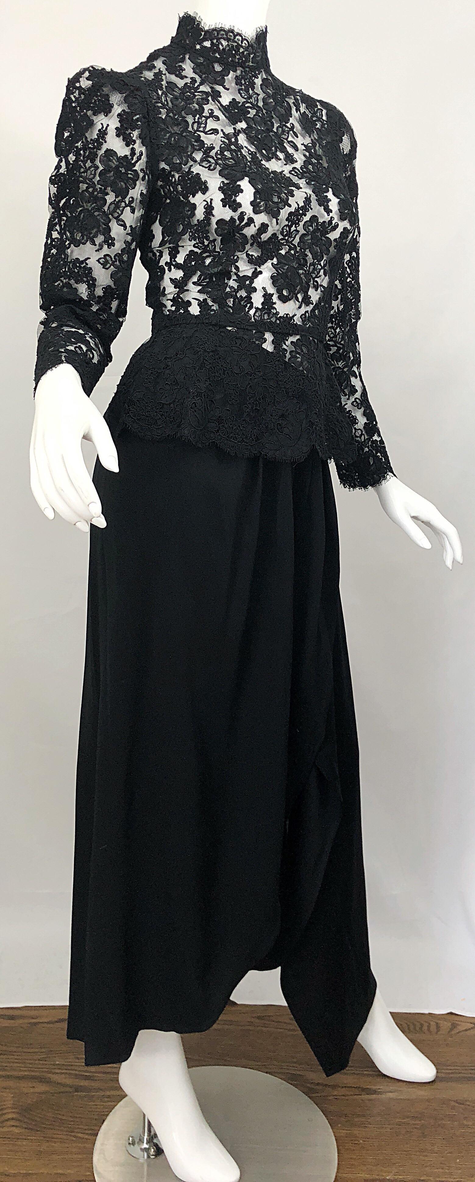 Vintage Vicky Tiel Couture 1980s Black Lace Victorian Top + Asymmetrical Skirt For Sale 7
