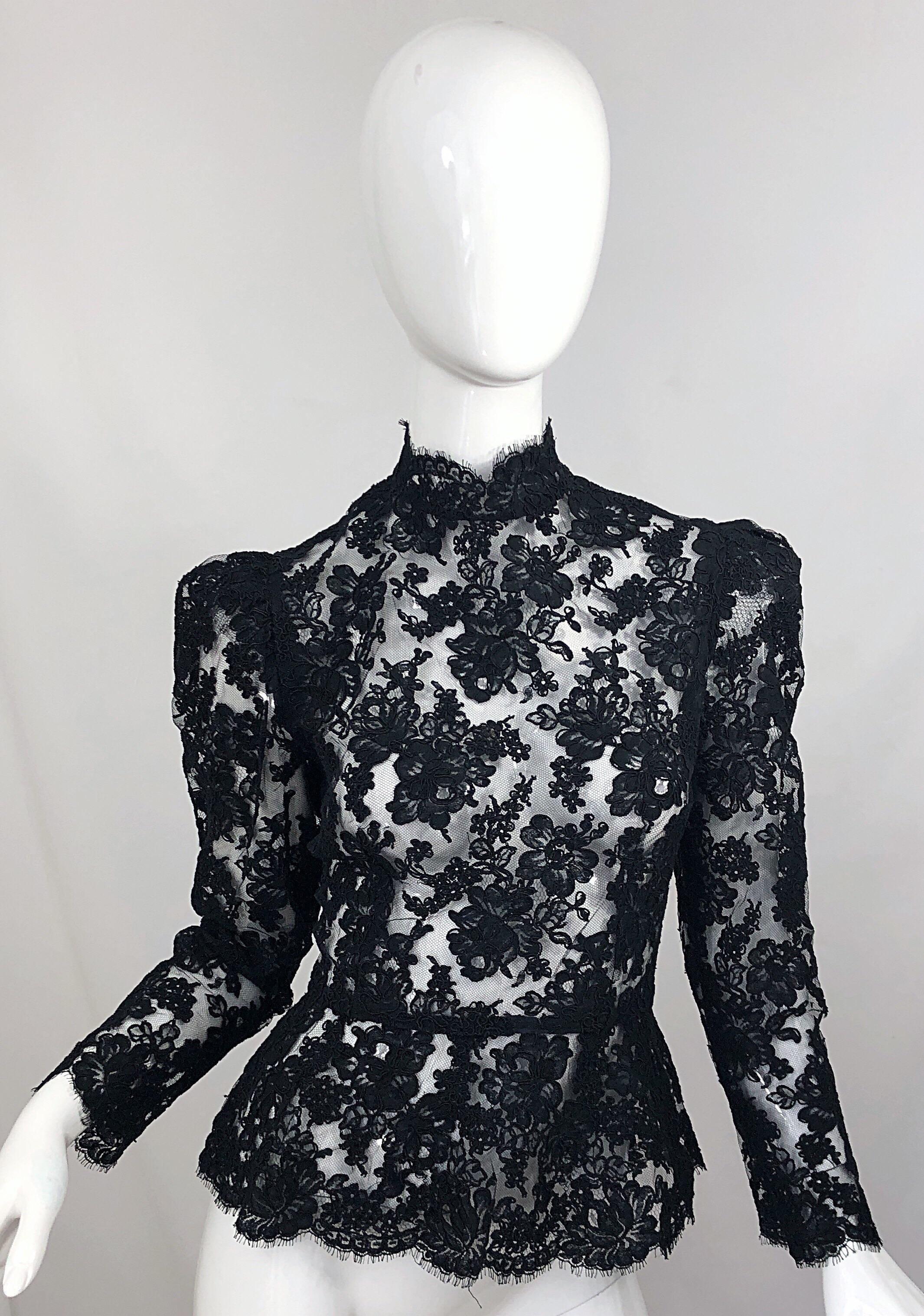 Vintage Vicky Tiel Couture 1980s Black Lace Victorian Top + Asymmetrical Skirt For Sale 8