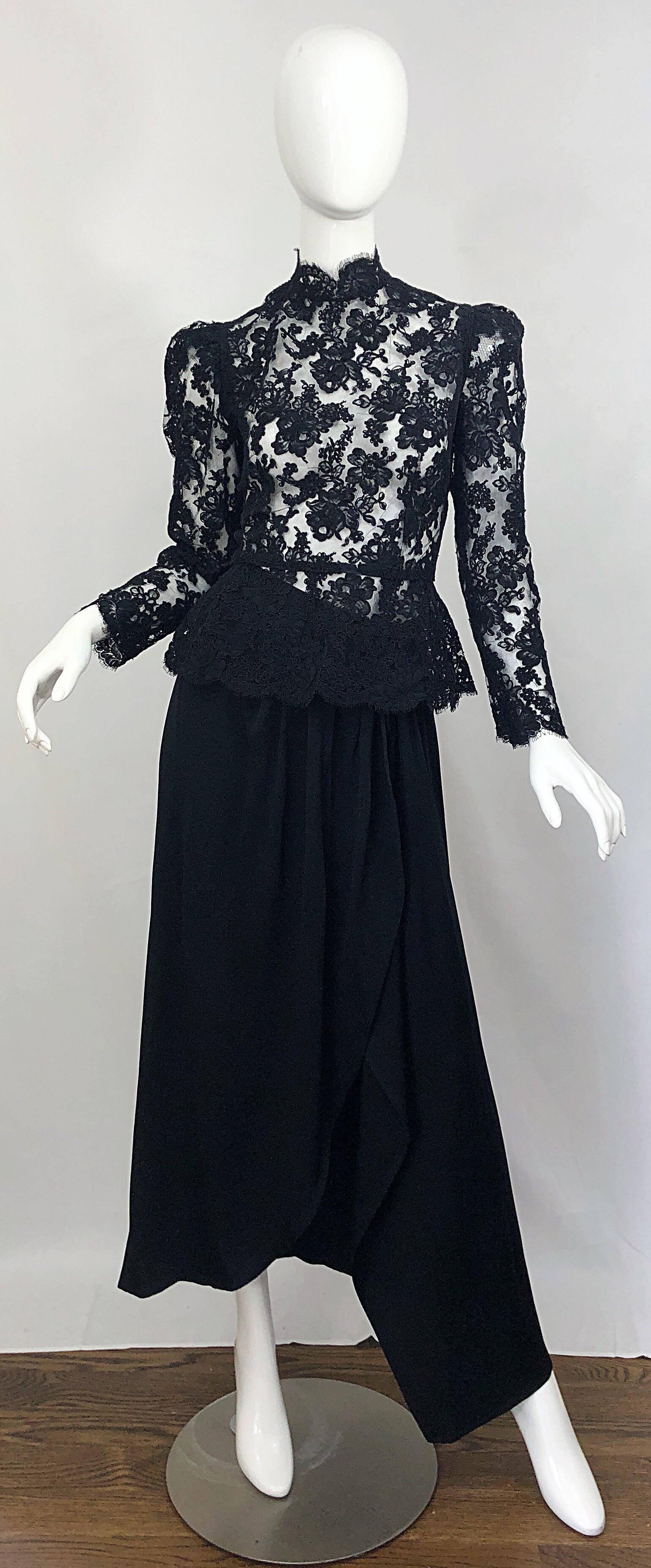 Vintage Vicky Tiel Couture 1980s Black Lace Victorian Top + Asymmetrical Skirt For Sale 9