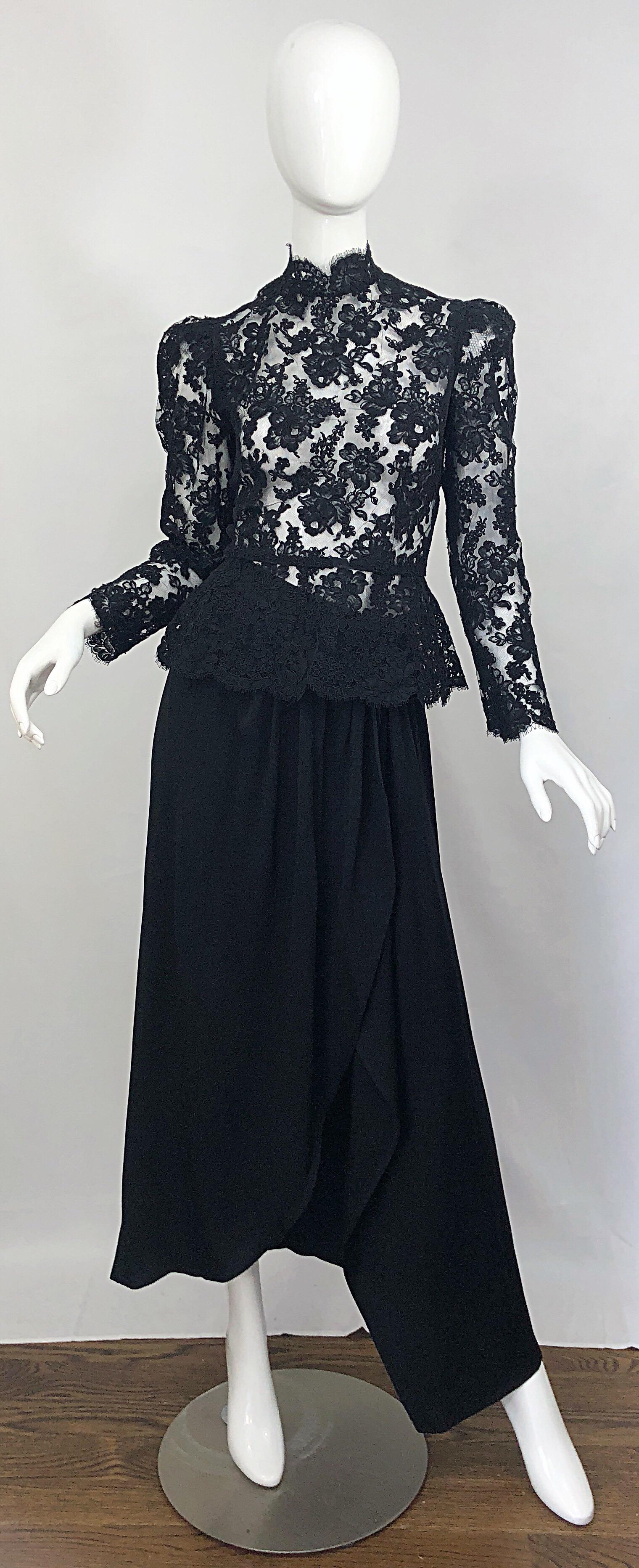 Incredible vintage 80s VICKY TIEL COUTURE black lace and rayon semi sheer blouse and asymmetrical maxi skirt evening gown. ensemble! Victorian inspired lace top features puff sleeves, with an elegant high neck. Full hidden zipper up the back with