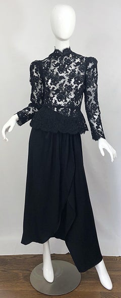 Vintage Vicky Tiel Couture 1980s Black Lace Victorian Top + Asymmetrical Skirt