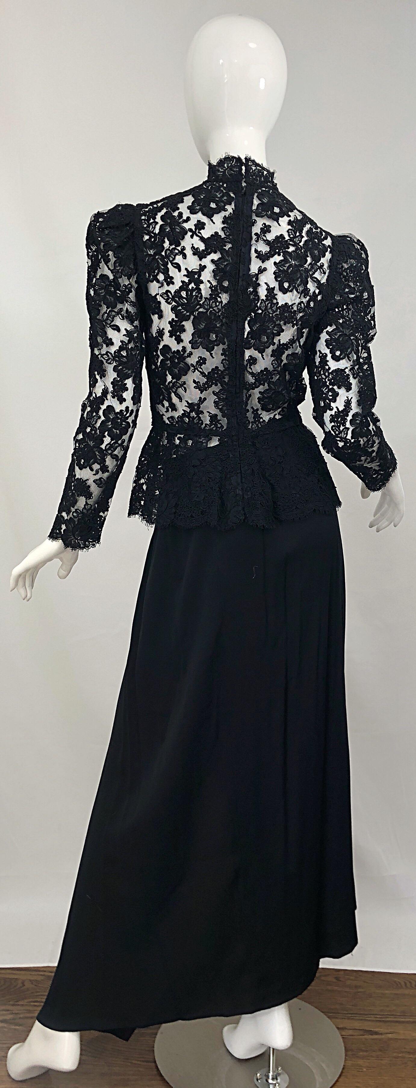 Vintage Vicky Tiel Couture 1980s Black Lace Victorian Top + Asymmetrical Skirt In Excellent Condition For Sale In San Diego, CA