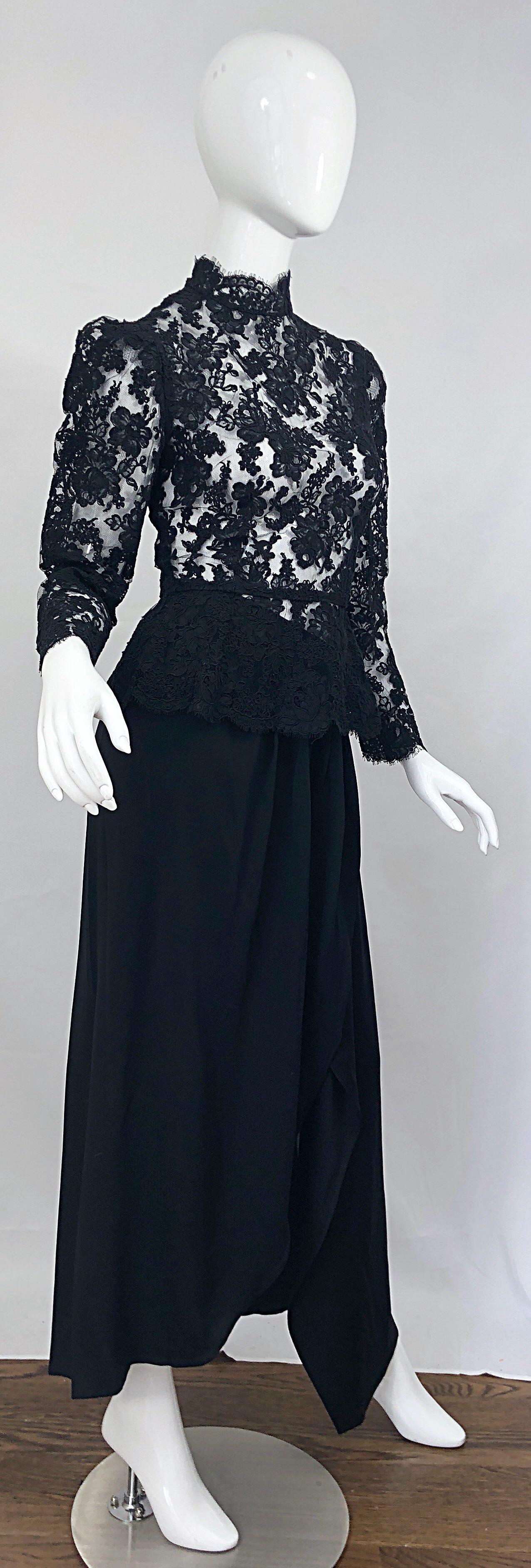 Women's Vintage Vicky Tiel Couture 1980s Black Lace Victorian Top + Asymmetrical Skirt For Sale