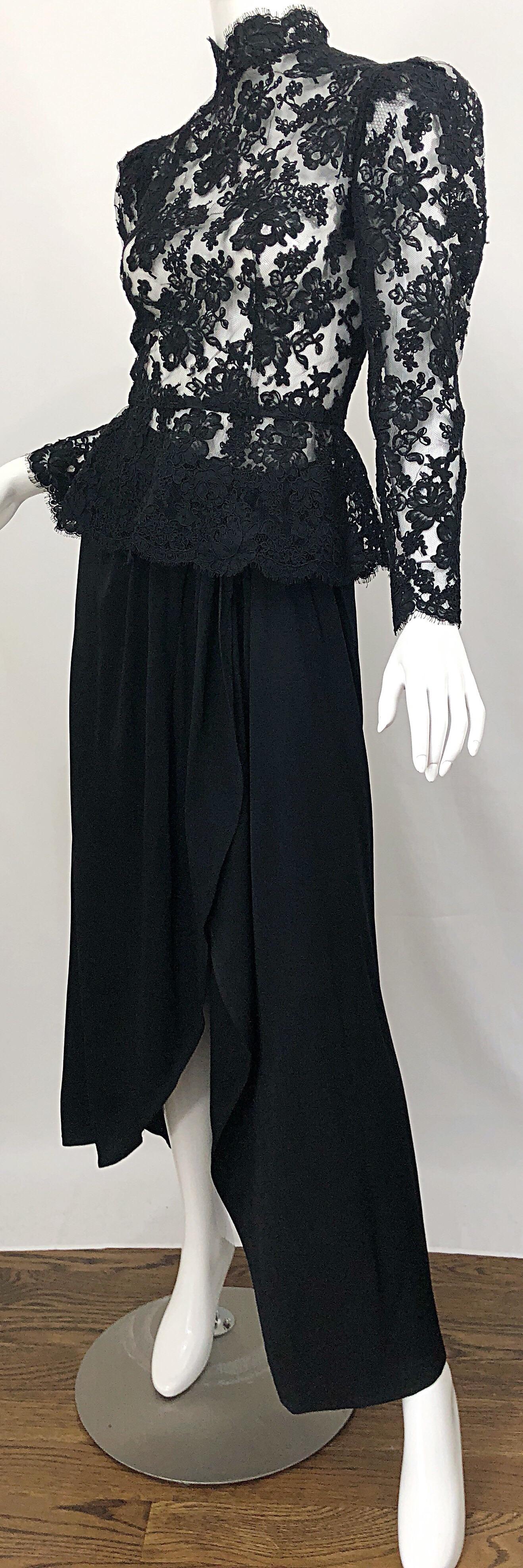 Vintage Vicky Tiel Couture 1980s Black Lace Victorian Top + Asymmetrical Skirt For Sale 1