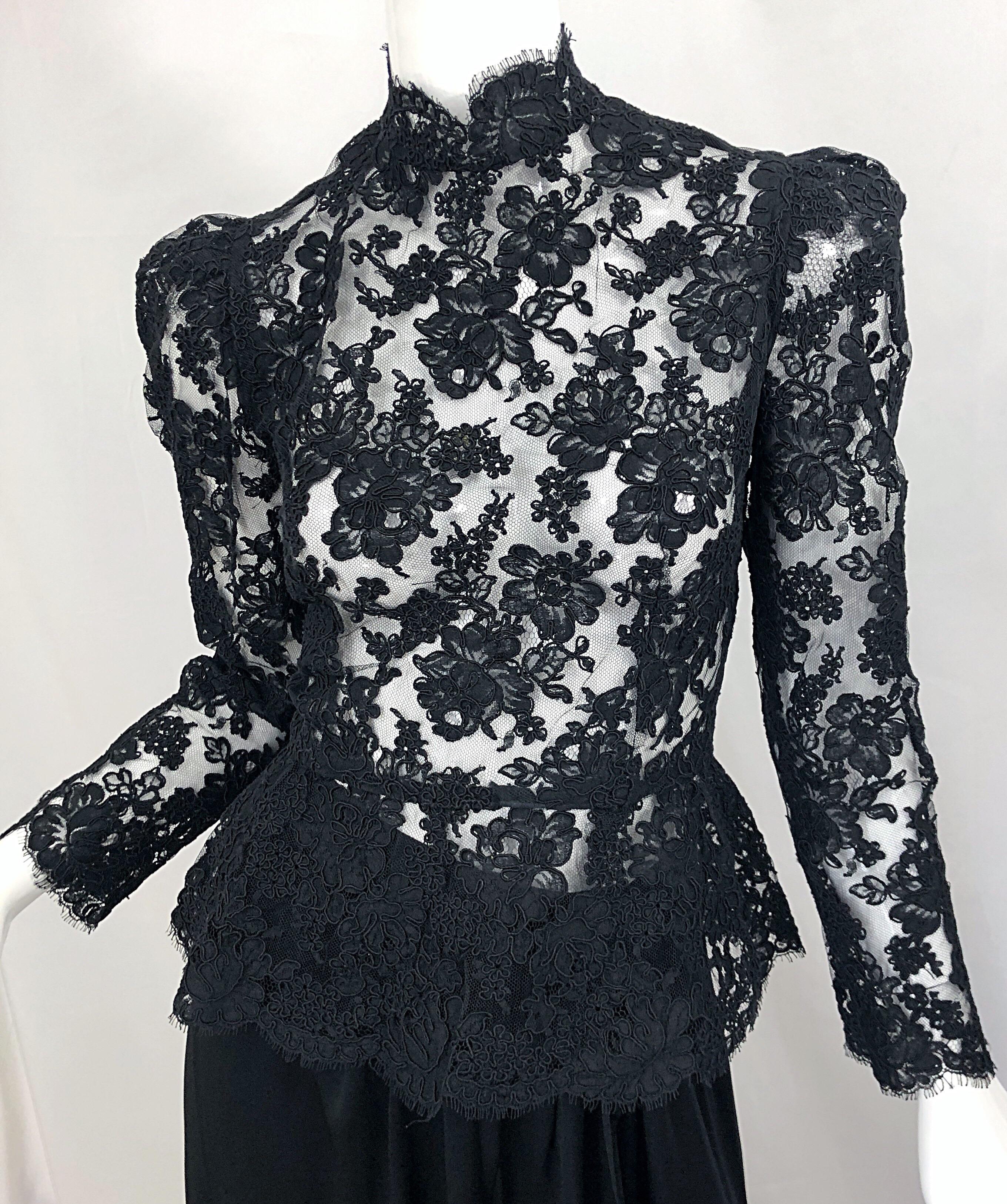Vintage Vicky Tiel Couture 1980s Black Lace Victorian Top + Asymmetrical Skirt For Sale 2