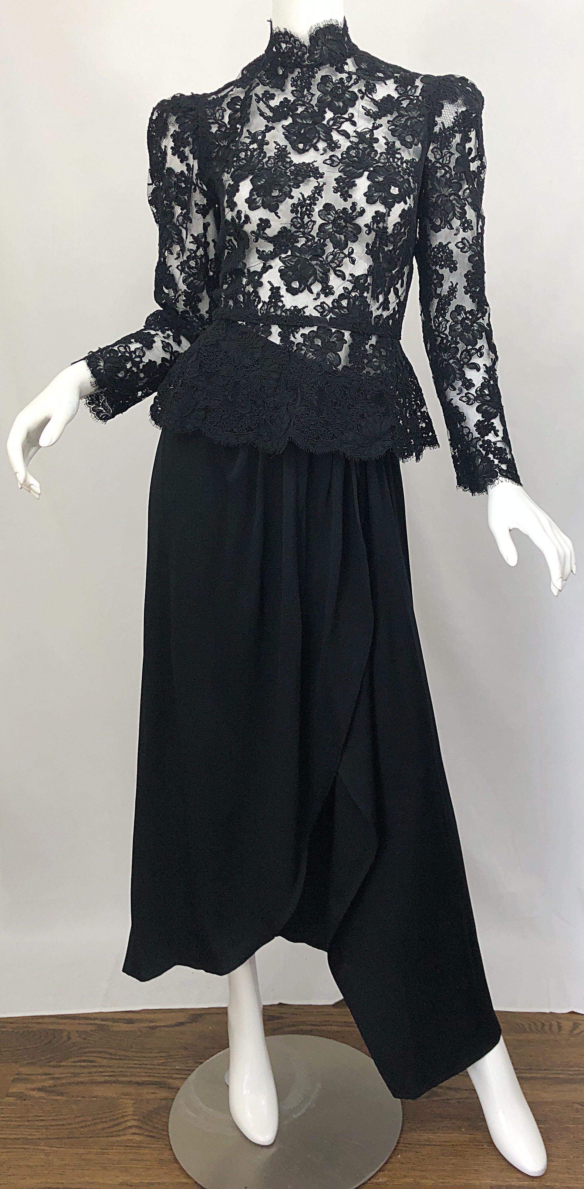 Vintage Vicky Tiel Couture 1980s Black Lace Victorian Top + Asymmetrical Skirt For Sale 4