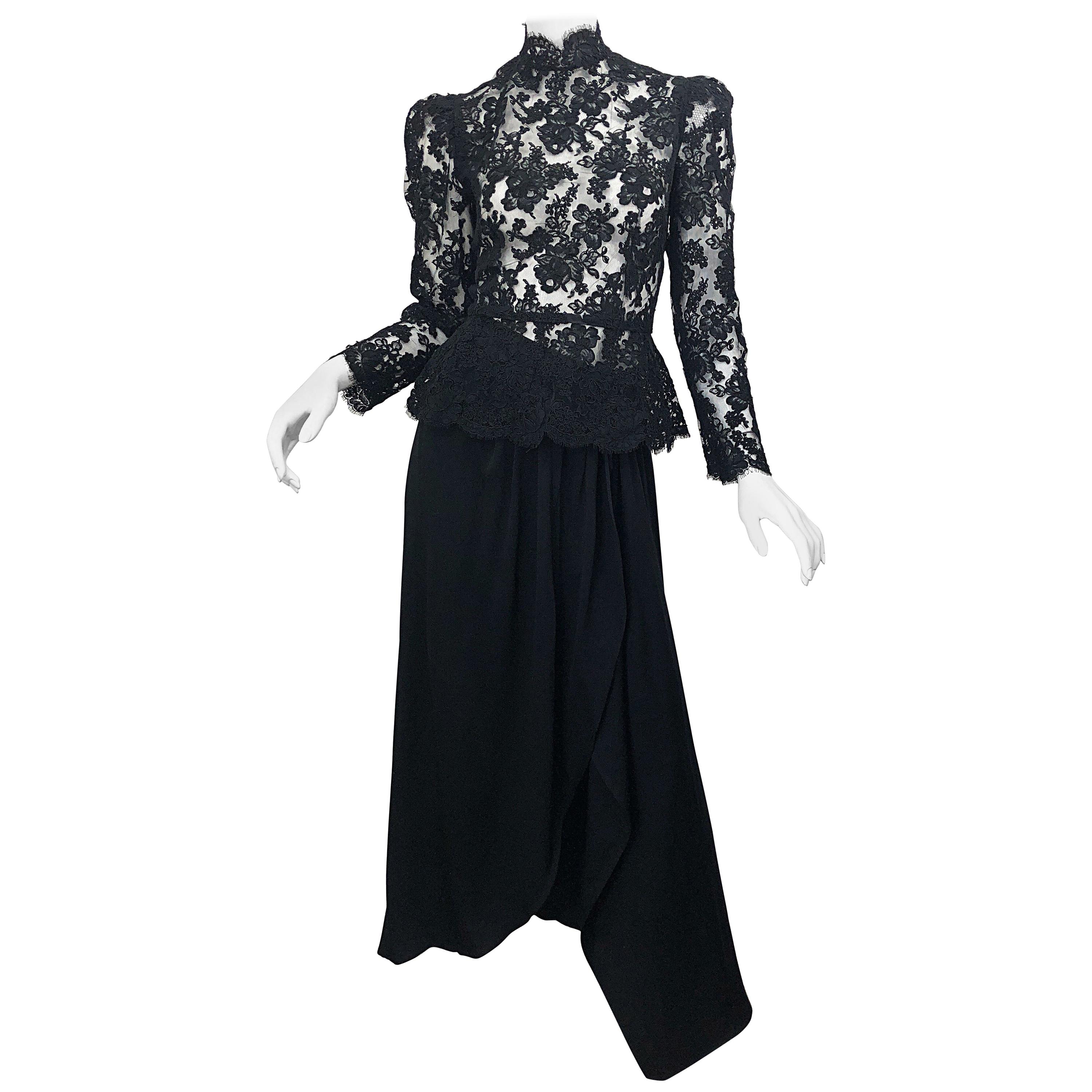 Vintage Vicky Tiel Couture 1980er Jahre Schwarzes viktorianisches Spitzen-Top + asymmetrischer Rock