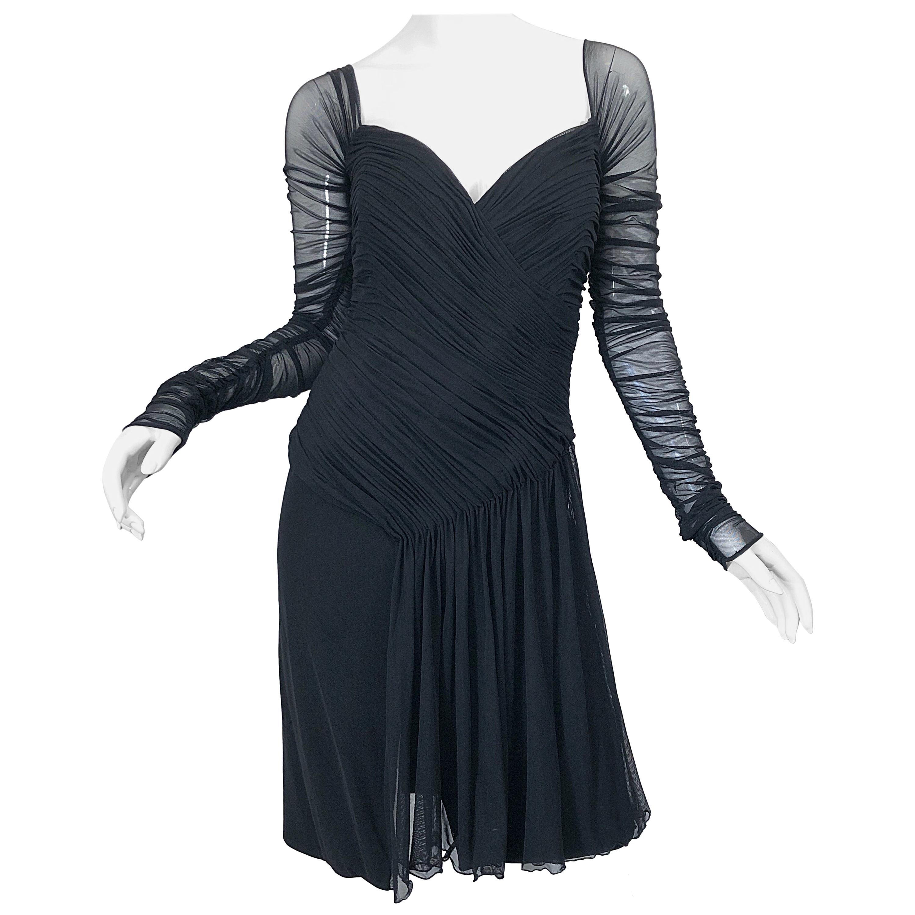 Vintage Vicky Tiel Couture 1980s Nero Mesh Sweetheart Flirty Cocktail Dress LBD