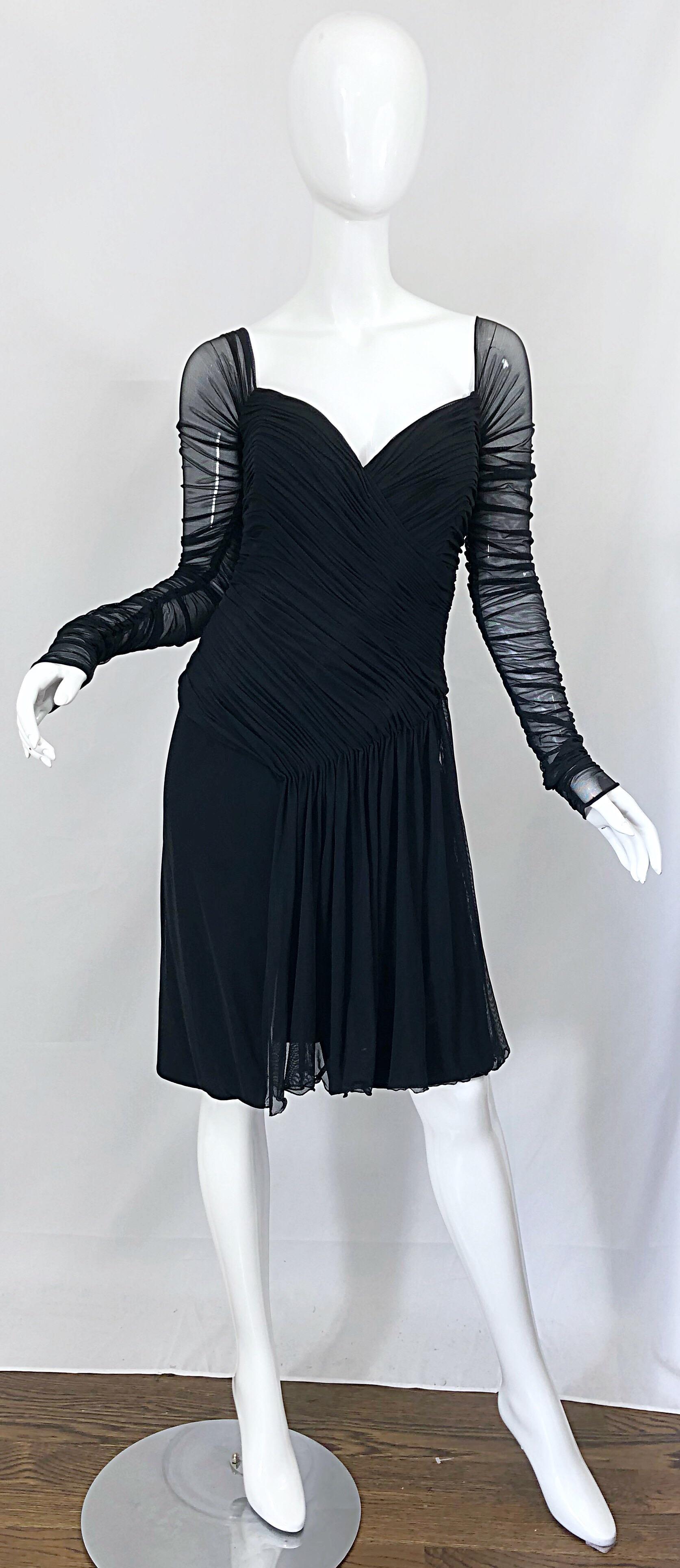 Vintage Vicky Tiel Couture 1980s Black Mesh Sweetheart Flirty Cocktail Dress LBD For Sale 5